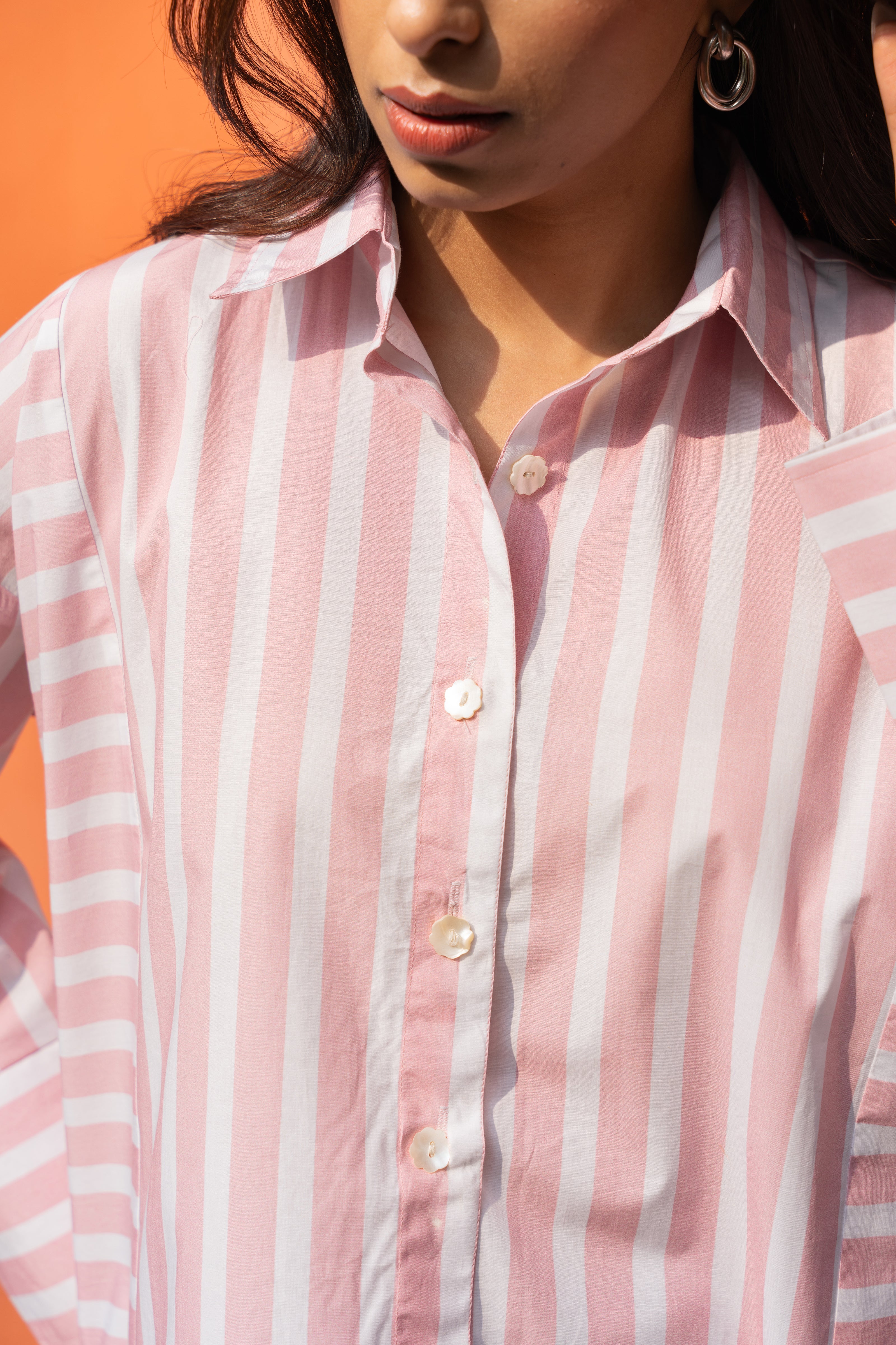 Women's Baby Pink Broad Stripe Pure Cotton Oversized Shirt - GulaboSitabo