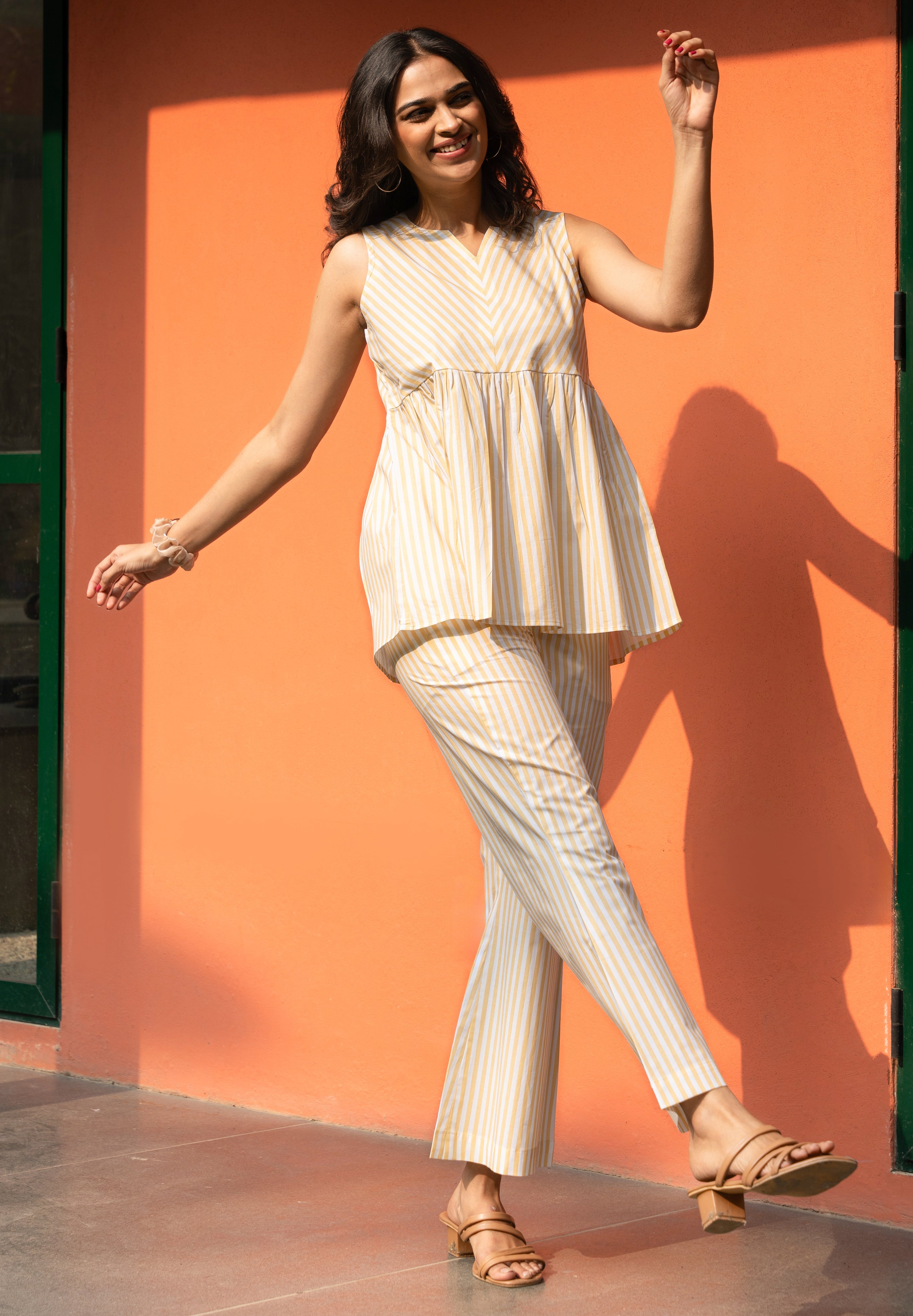 Women's Yellow Stripe Pure Cotton Sleeveless Top - GulaboSitabo