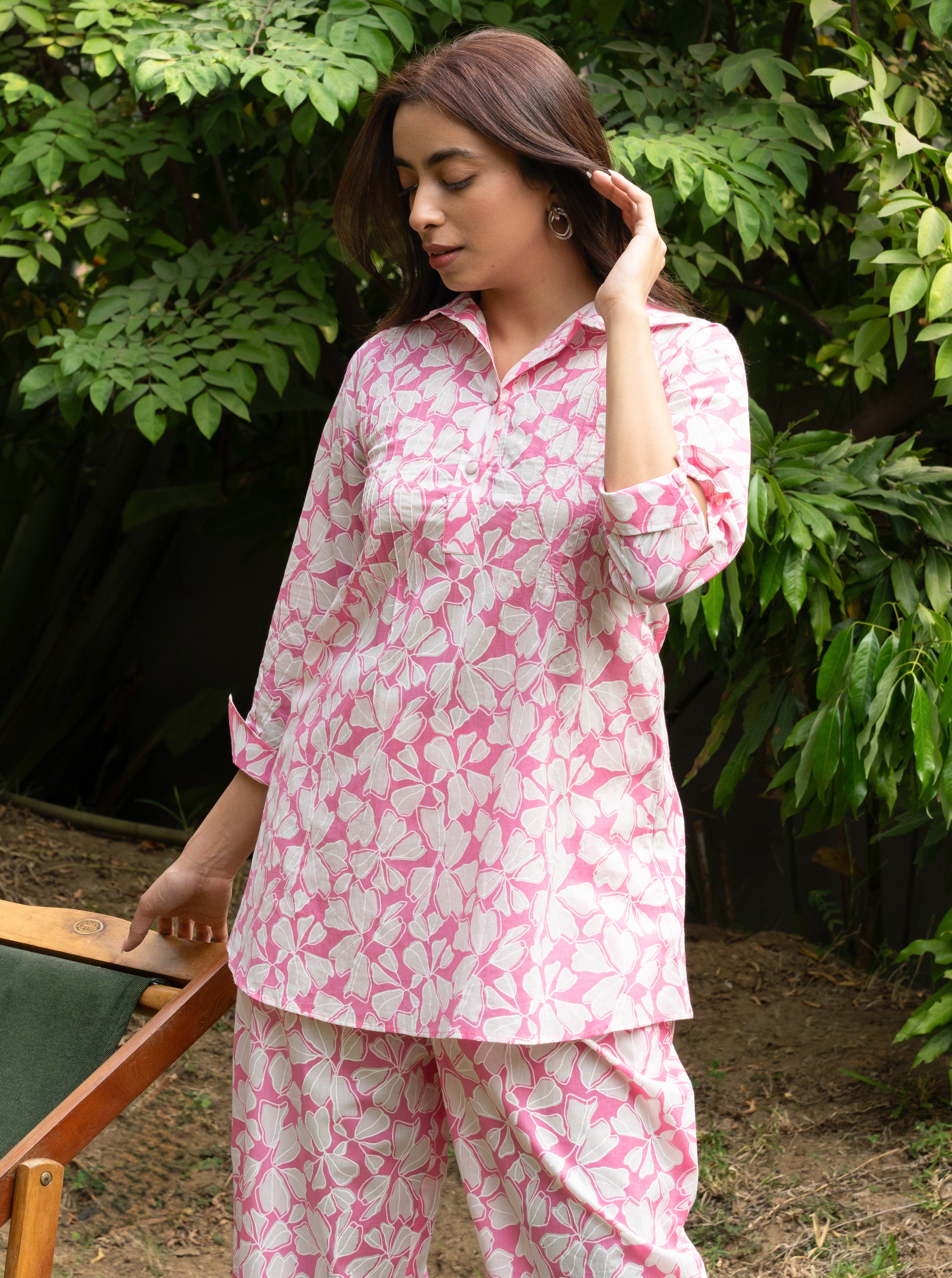 Women's Pink Pin Tucks Pure Cotton Block Printed Co-ord Set - GulaboSitabo