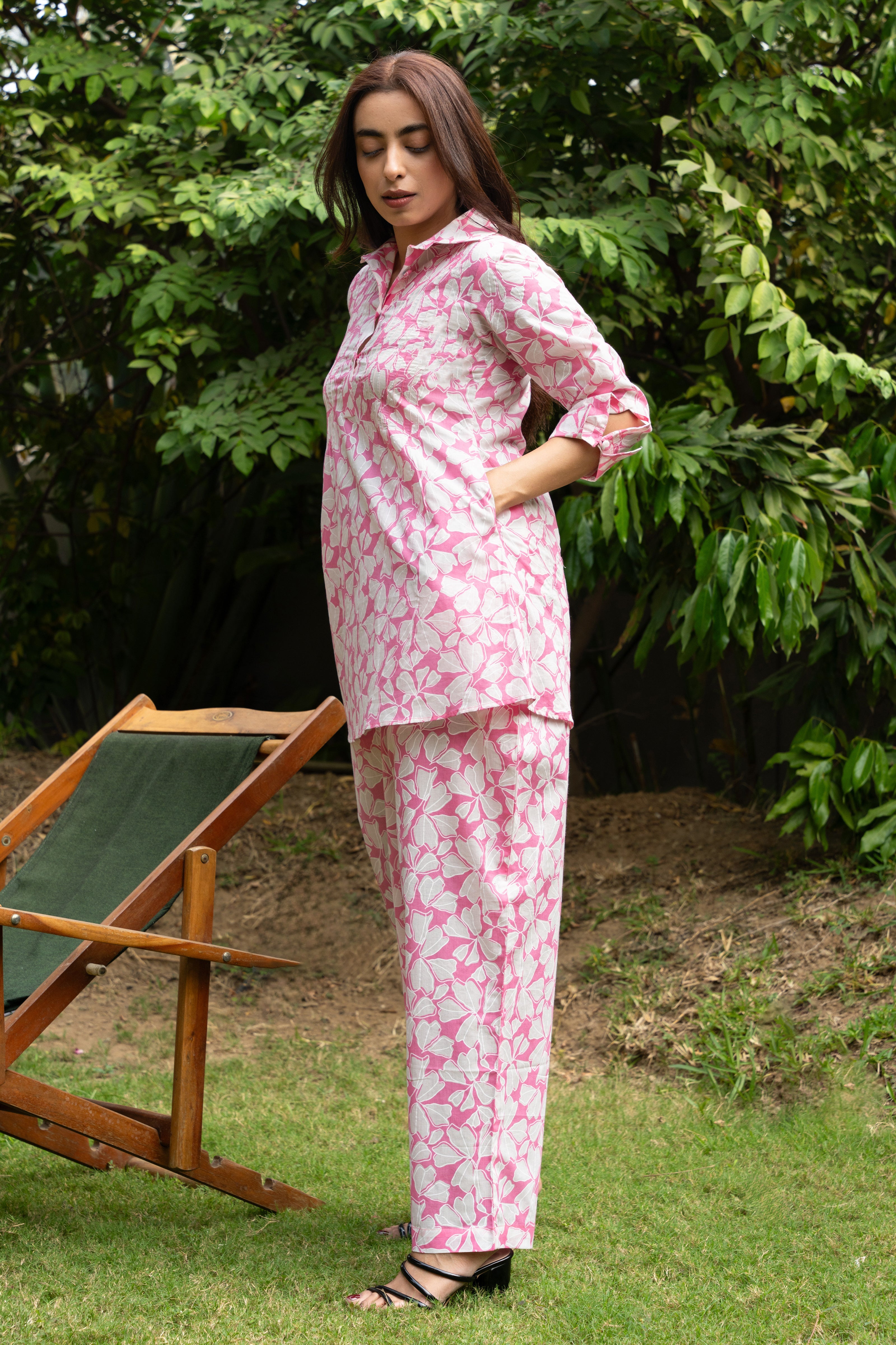 Women's Pink Pin Tucks Pure Cotton Block Printed Co-ord Set - GulaboSitabo