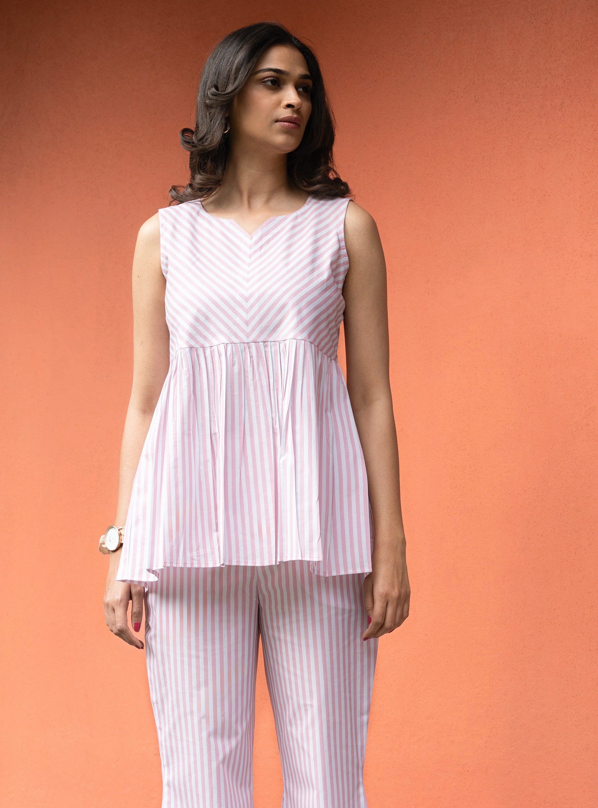 Women's Baby Pink Stripe Pure Cotton Sleeveless Top - GulaboSitabo