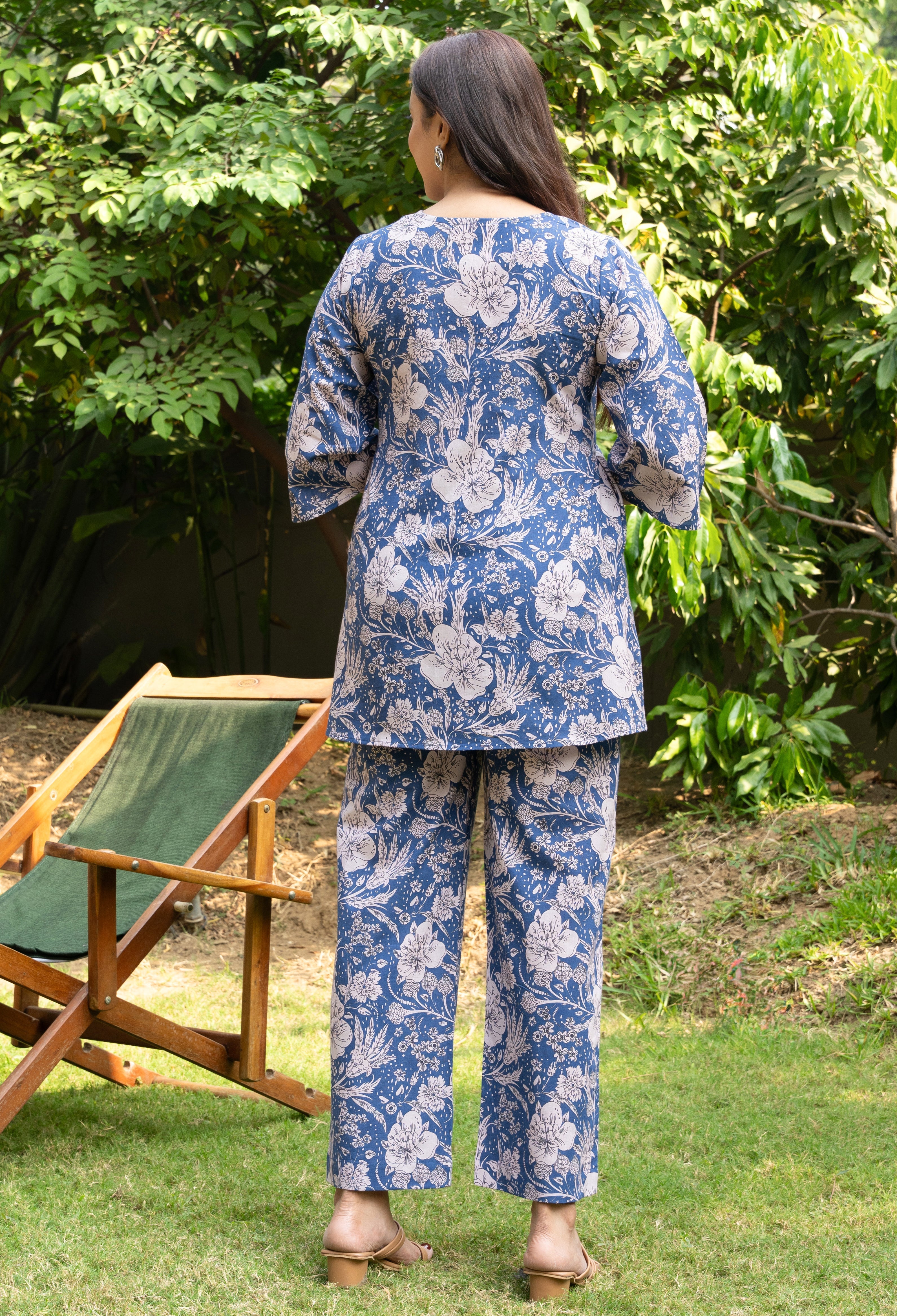 Women's Blue Floral Printed Pure Cotton Block Printed Top - GulaboSitabo