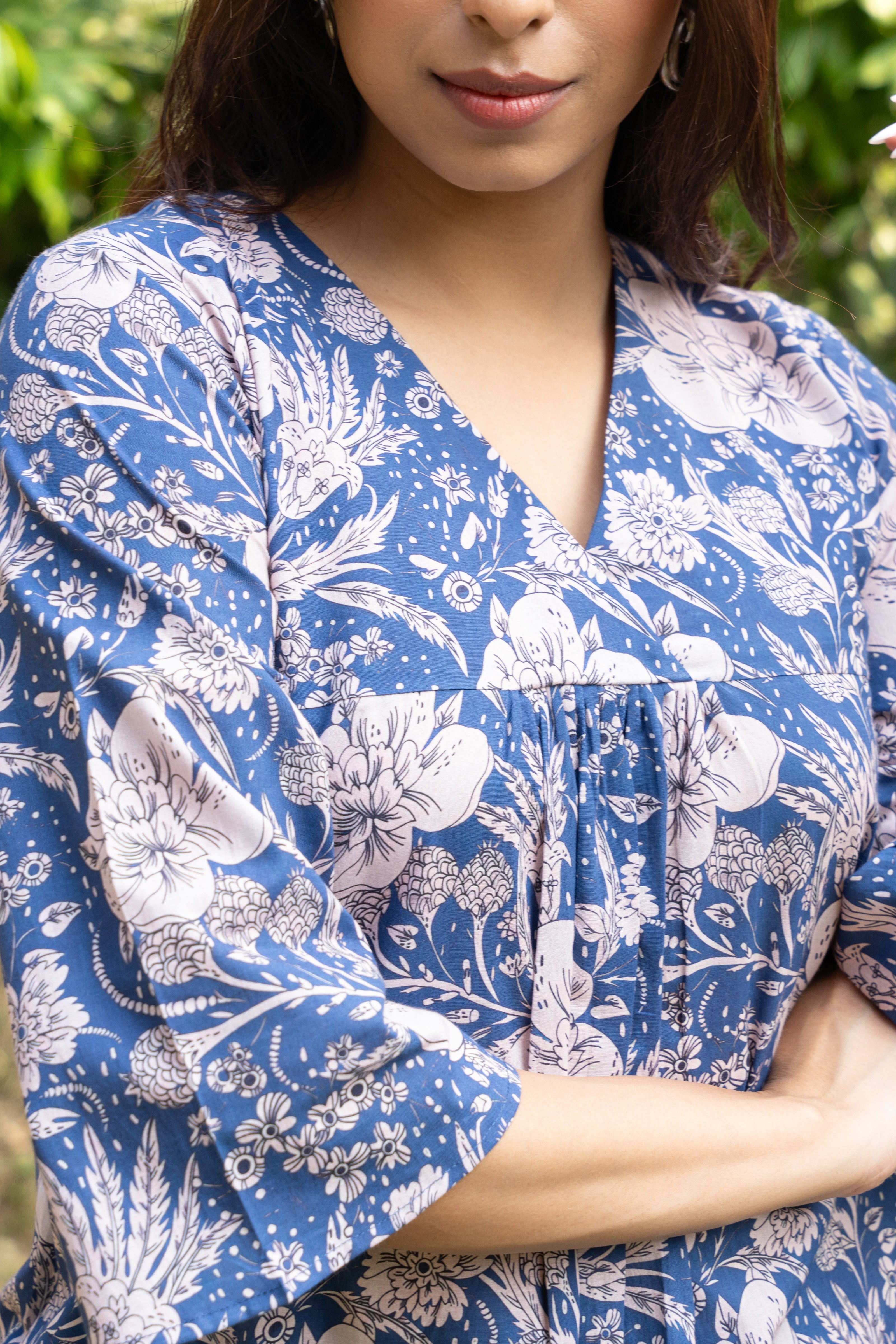 Women's Blue Floral Printed Pure Cotton Block Printed Top - GulaboSitabo