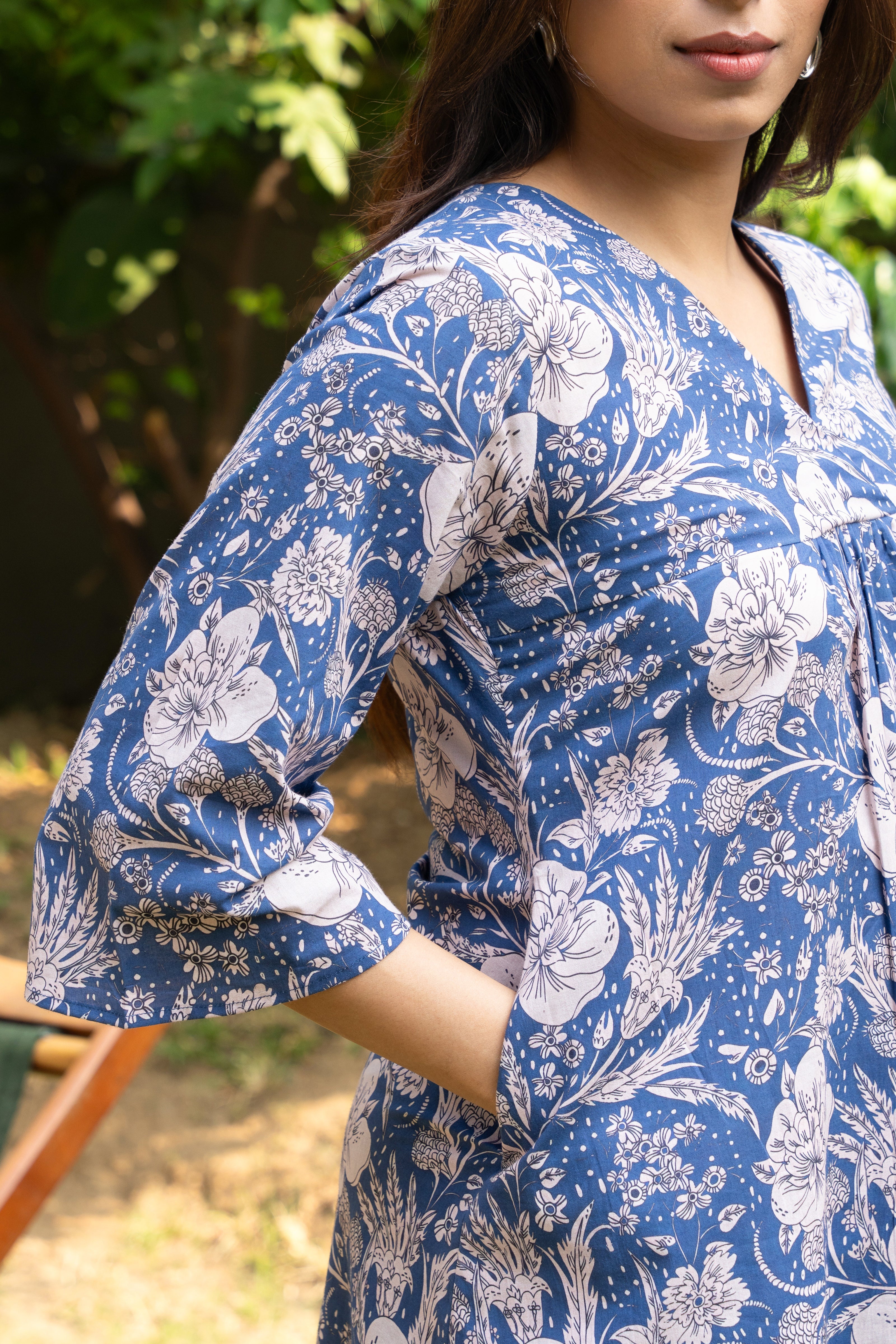 Women's Blue Floral Printed Pure Cotton Block Printed Top - GulaboSitabo