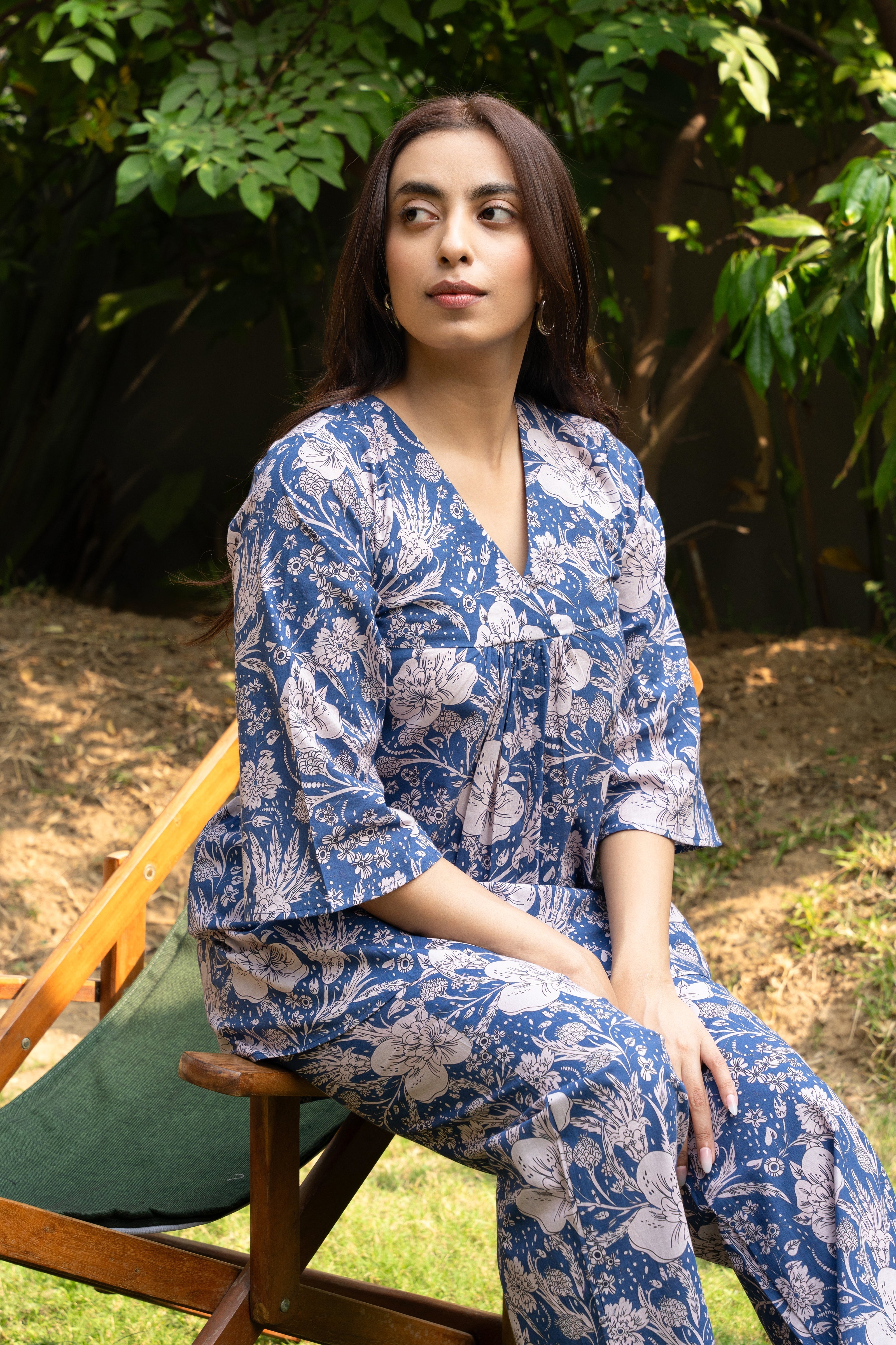 Women's Blue Floral Printed Pure Cotton Block Printed Top - GulaboSitabo