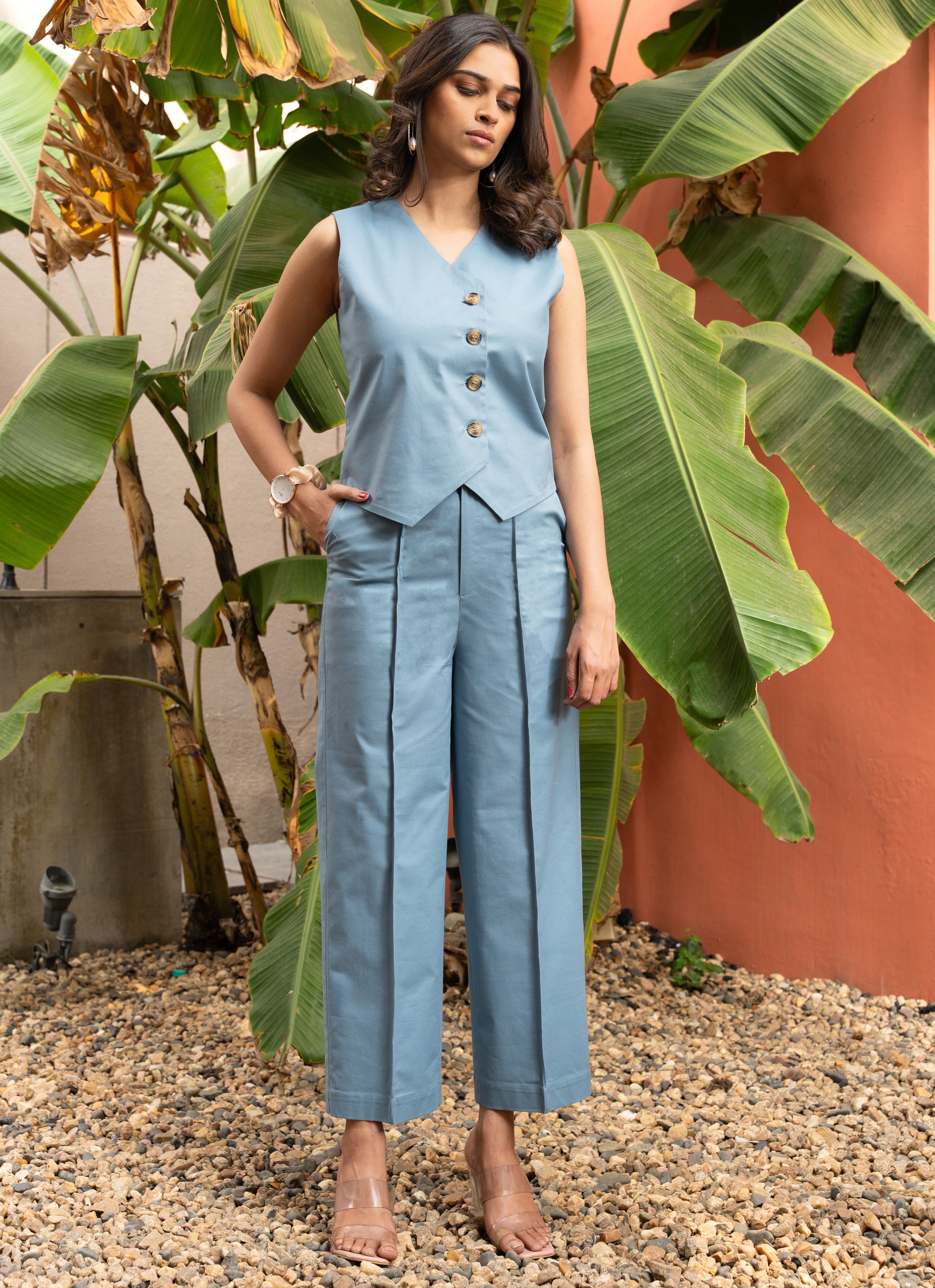 Women's Light Blue Pure Cotton Vest Co-ord Set - GulaboSitabo