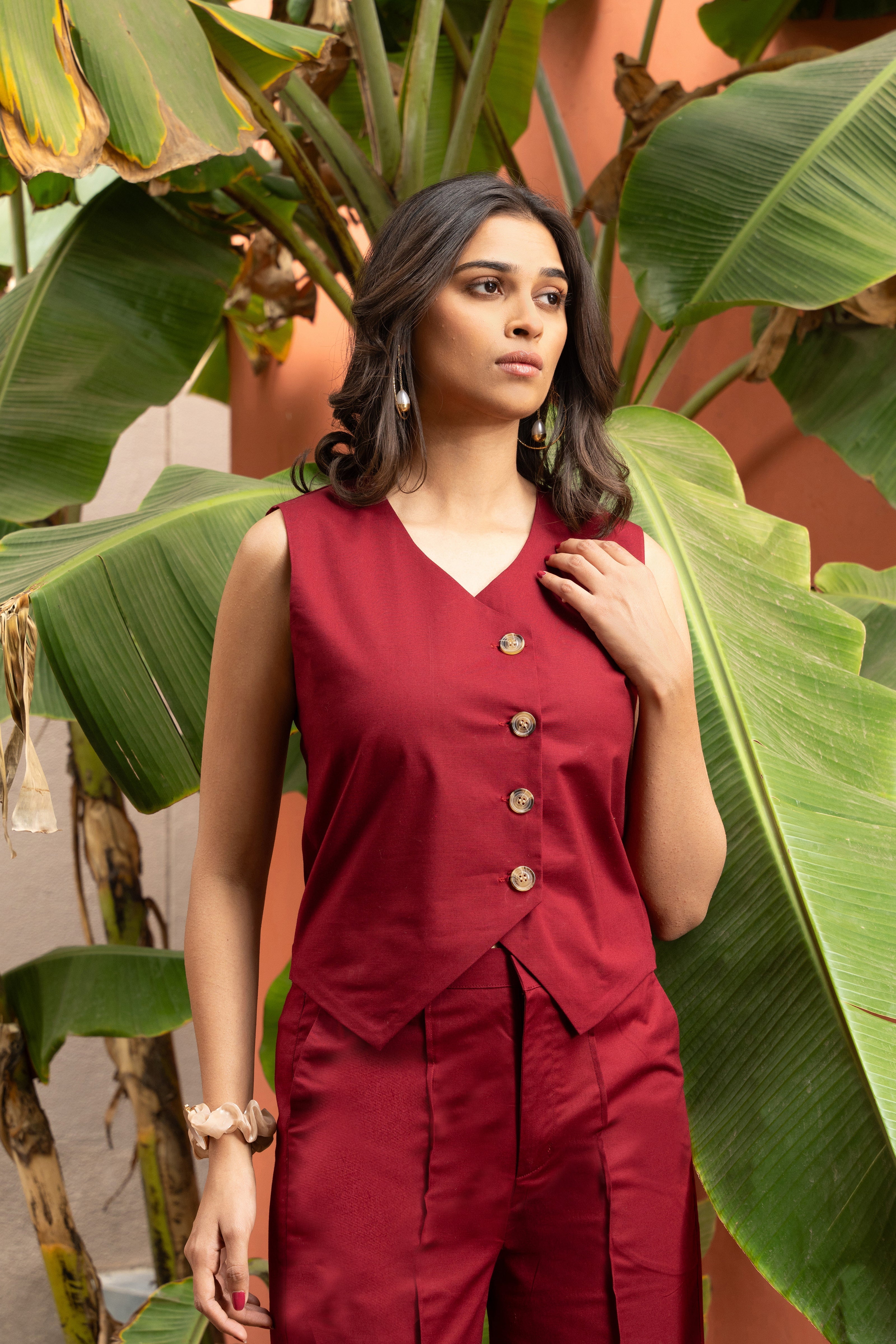 Women's Maroon Pure Cotton Vest Coat (Top) - GulaboSitabo