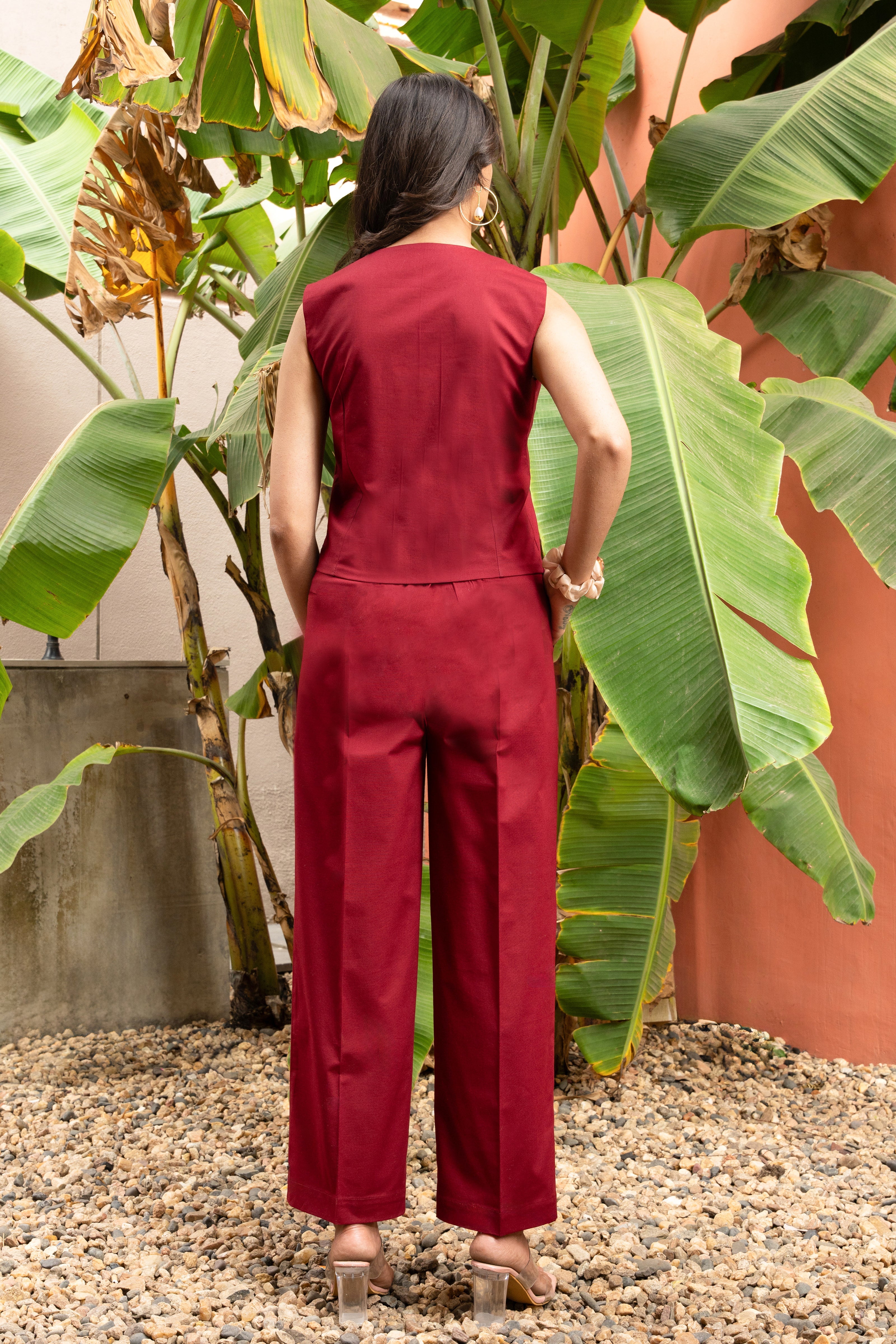 Women's Maroon Pure Cotton Vest Co-ord Set - GulaboSitabo