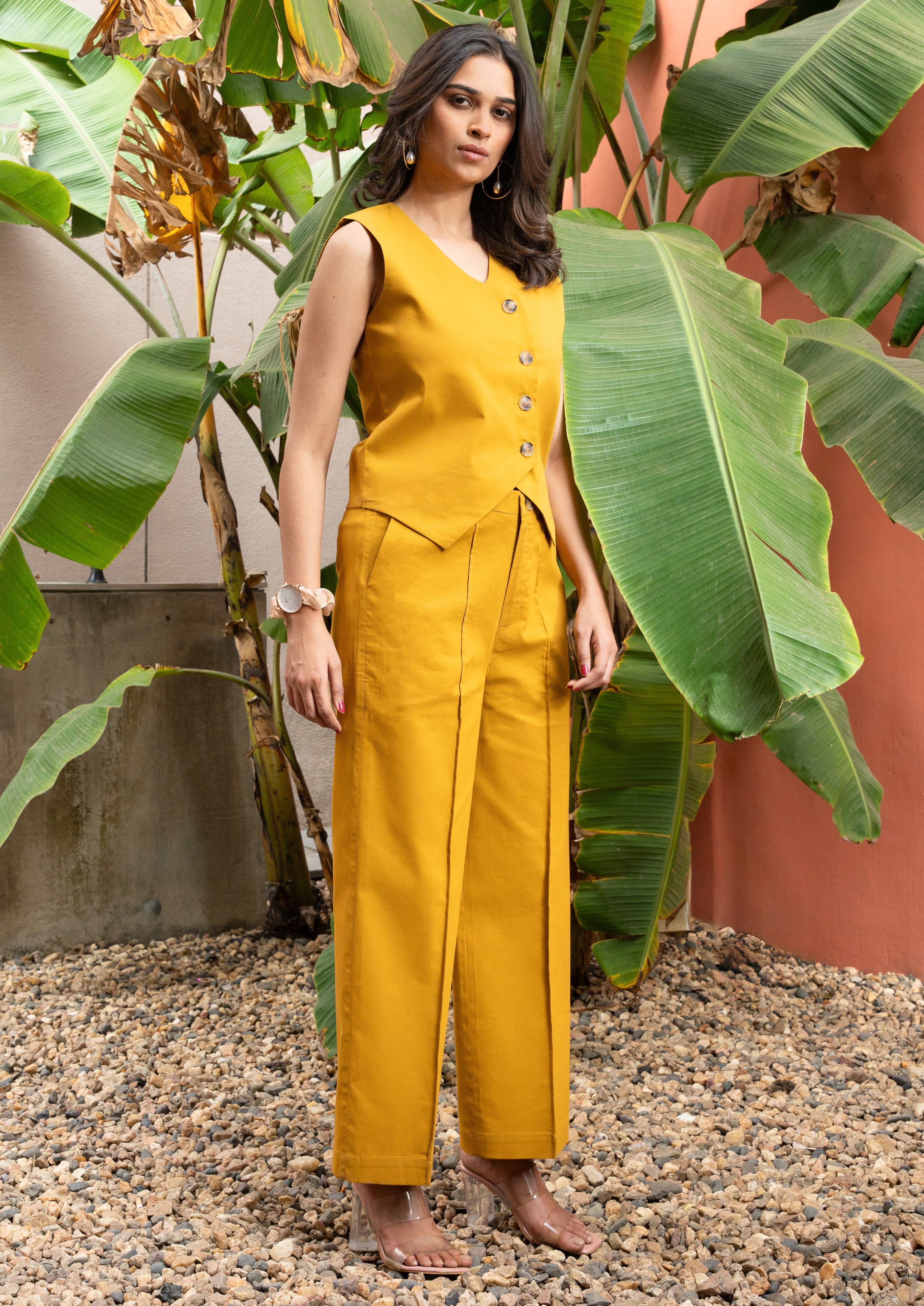 Women's Mustard Pure Cotton Vest Co-ord Set - GulaboSitabo