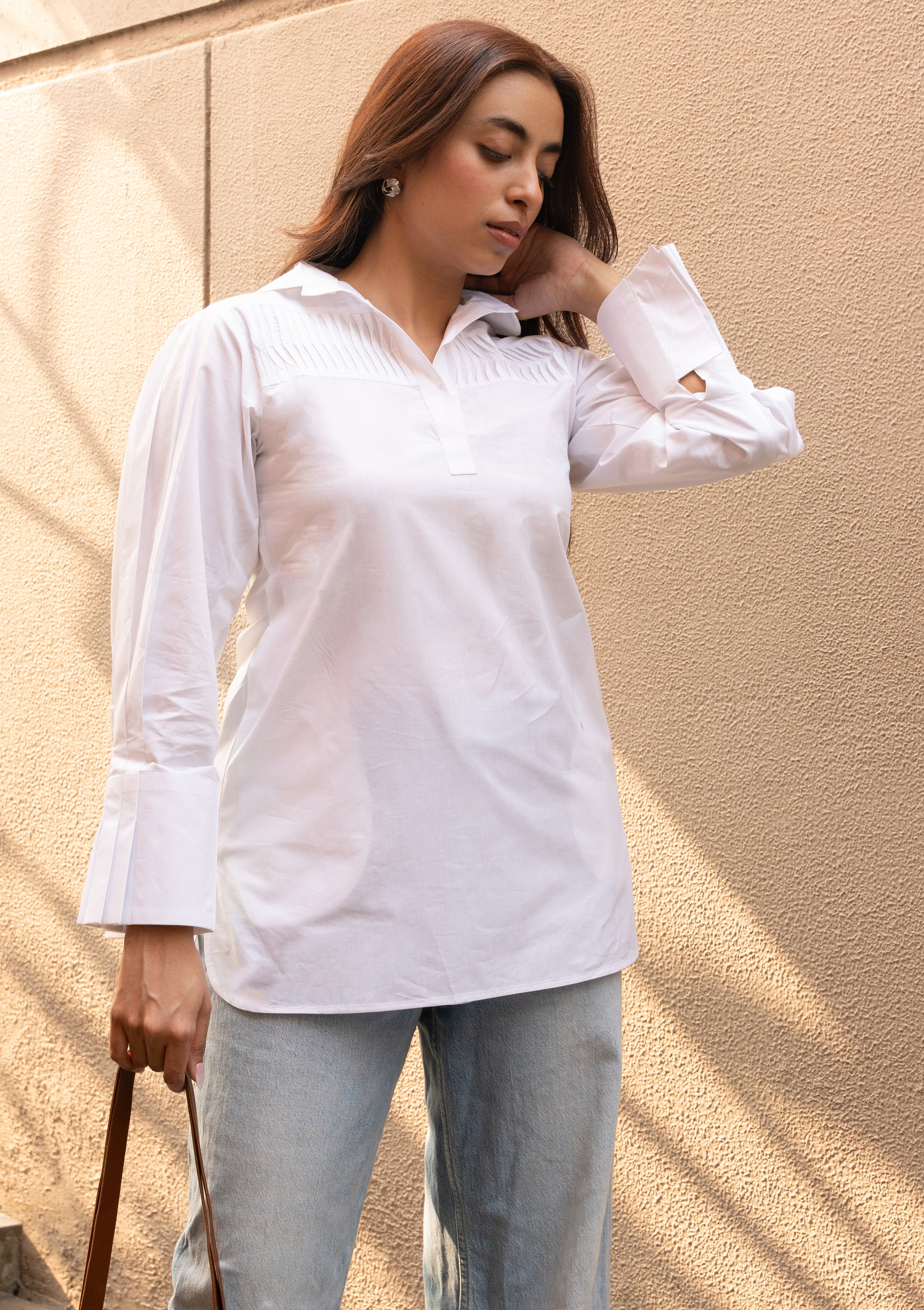 Women's White Pure Cotton Pleated Collar Neck Top with Stylised Sleeve - GulaboSitabo