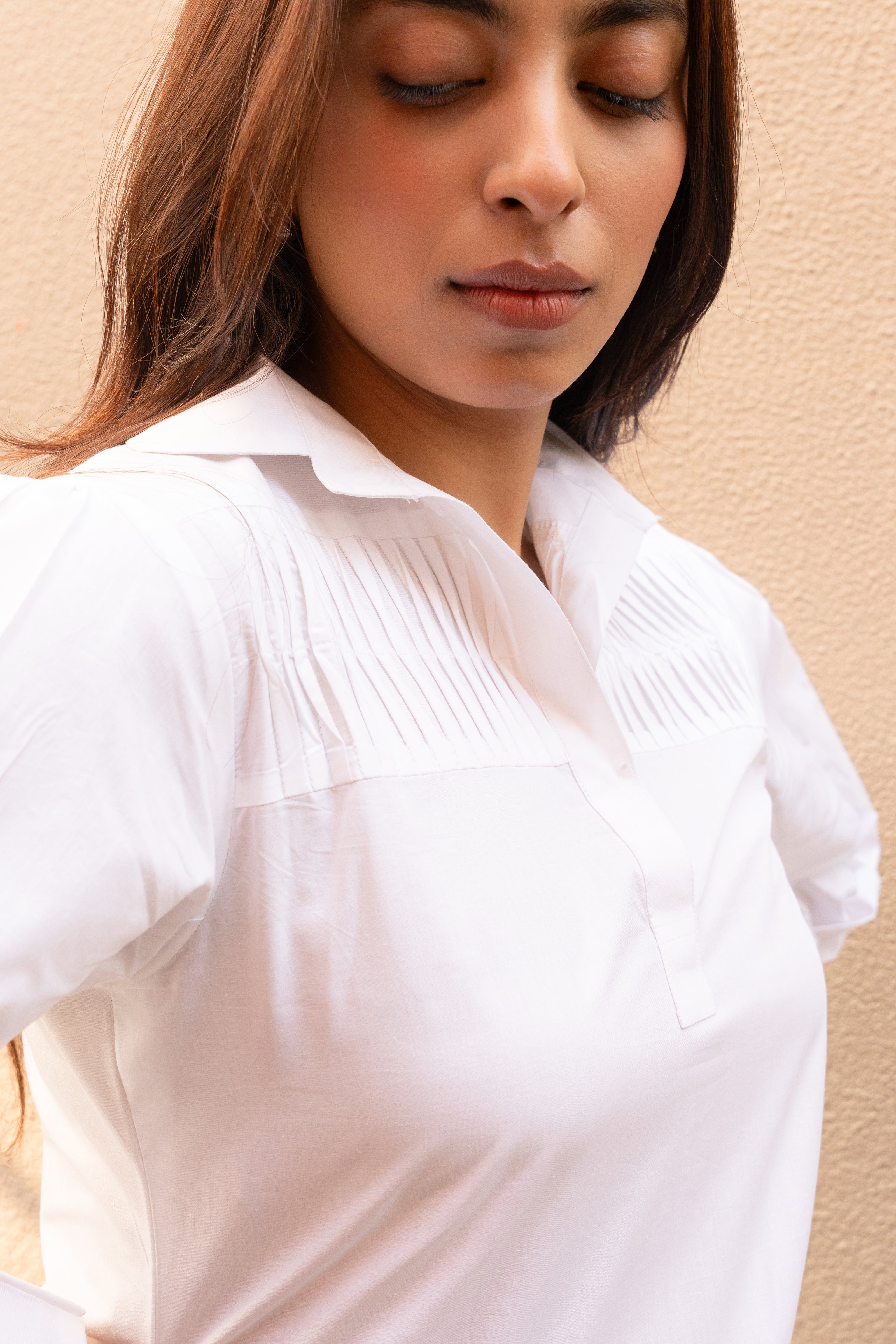 Women's White Pure Cotton Pleated Collar Neck Top with Stylised Sleeve - GulaboSitabo