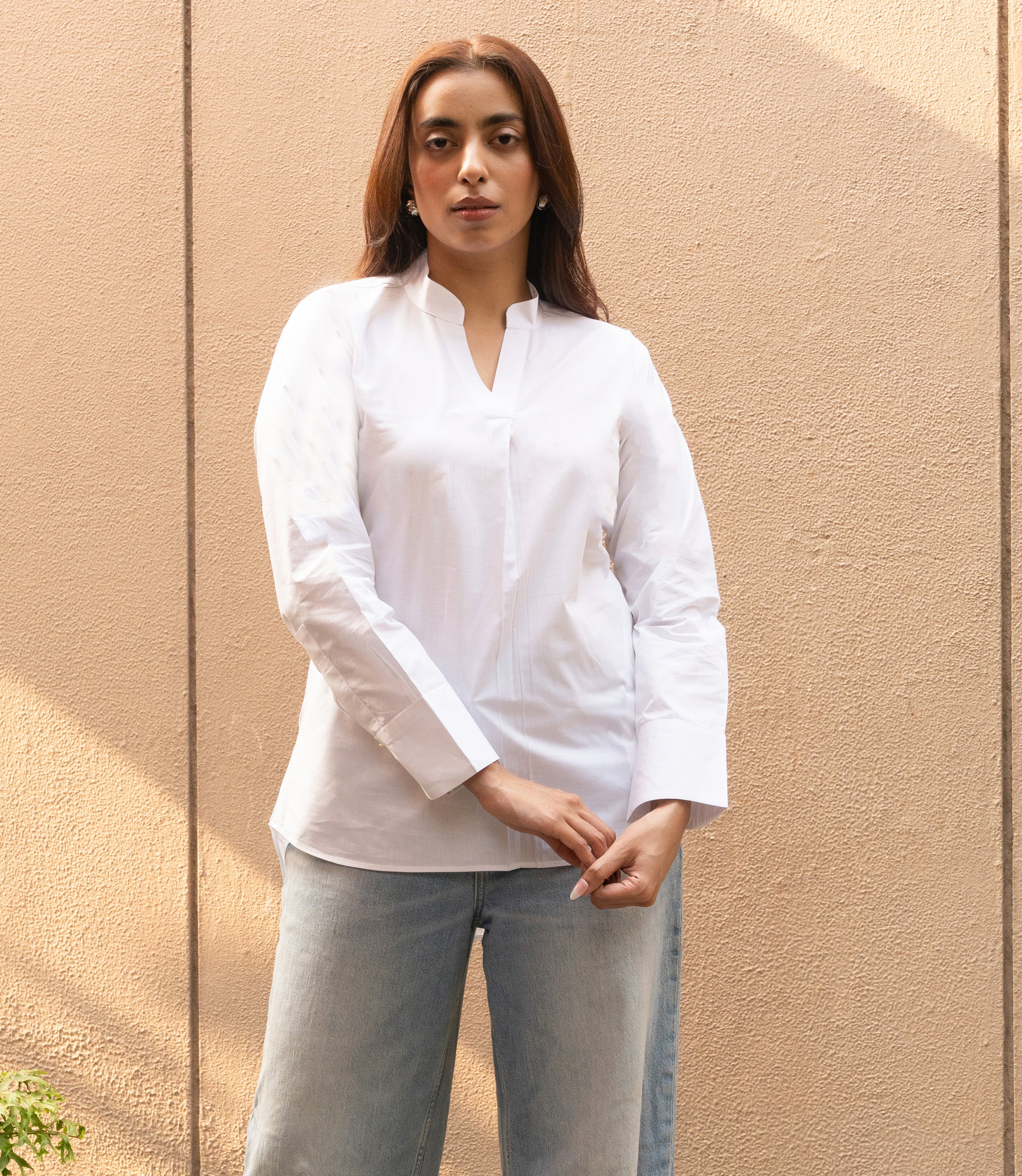 Women's White Pure Cotton Mandarin Neck Top - GulaboSitabo