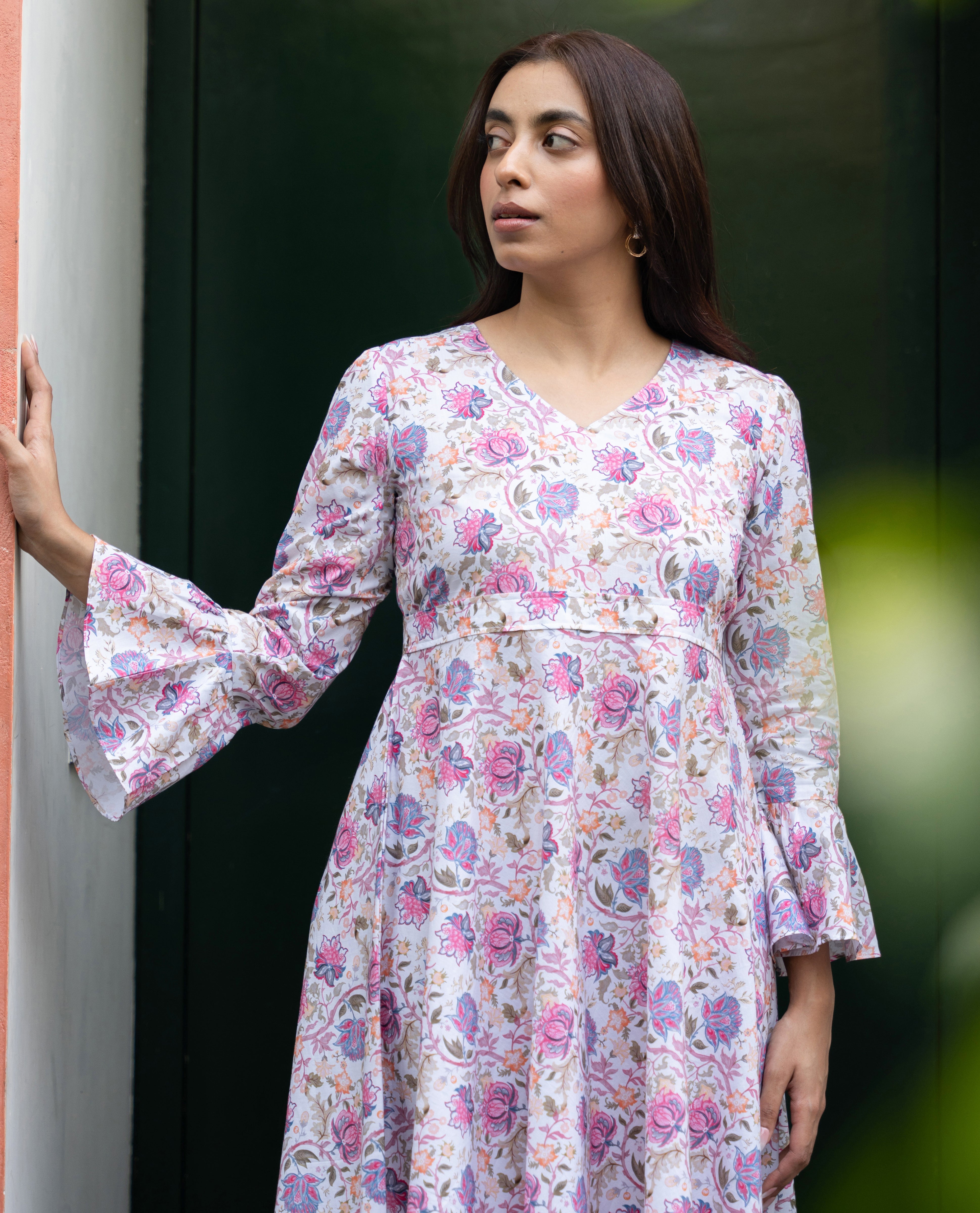 Women's White Floral Printed Pure Cotton Dress - GulaboSitabo