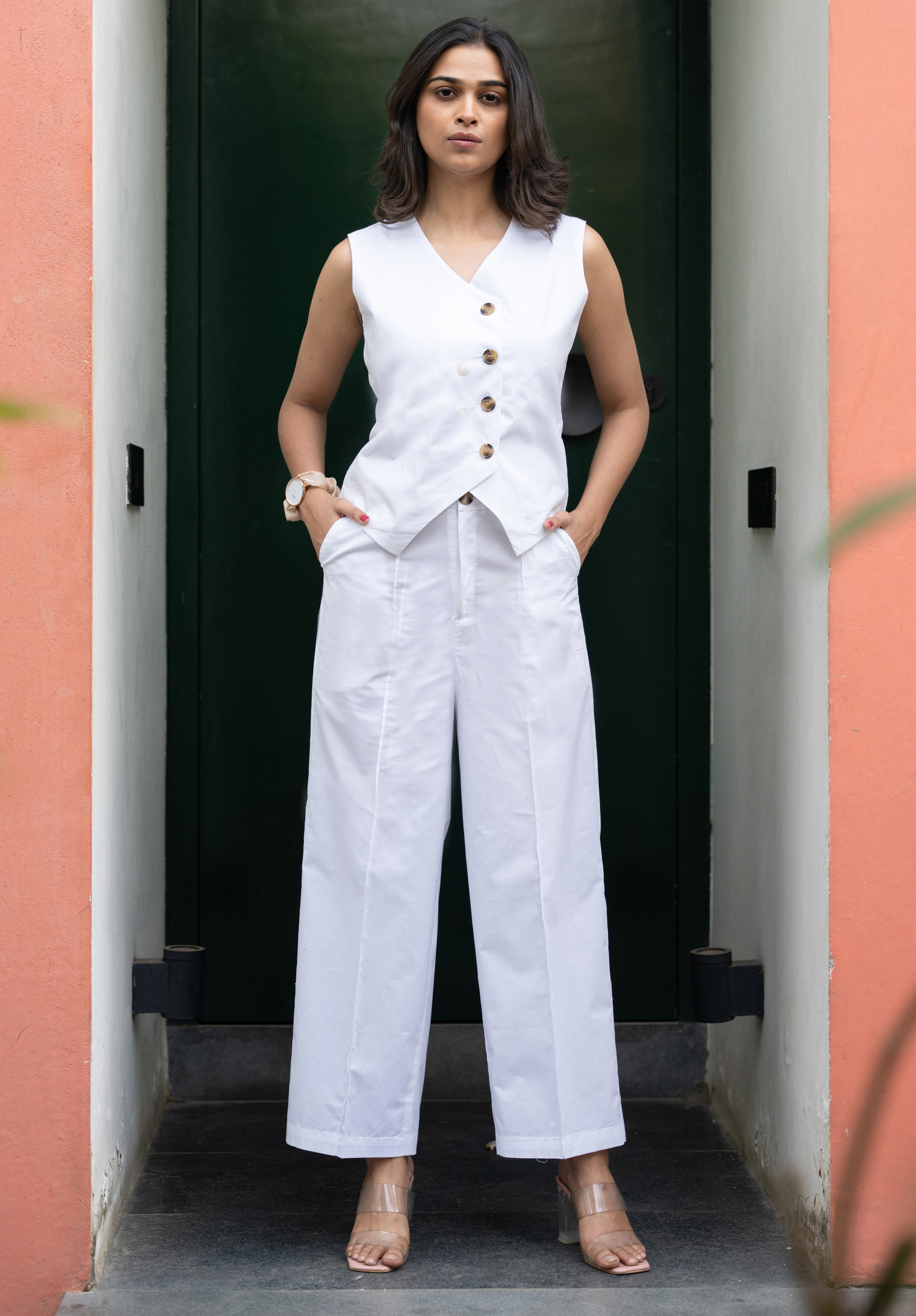 Women's White Pure Cotton Vest Co-ord Set - GulaboSitabo