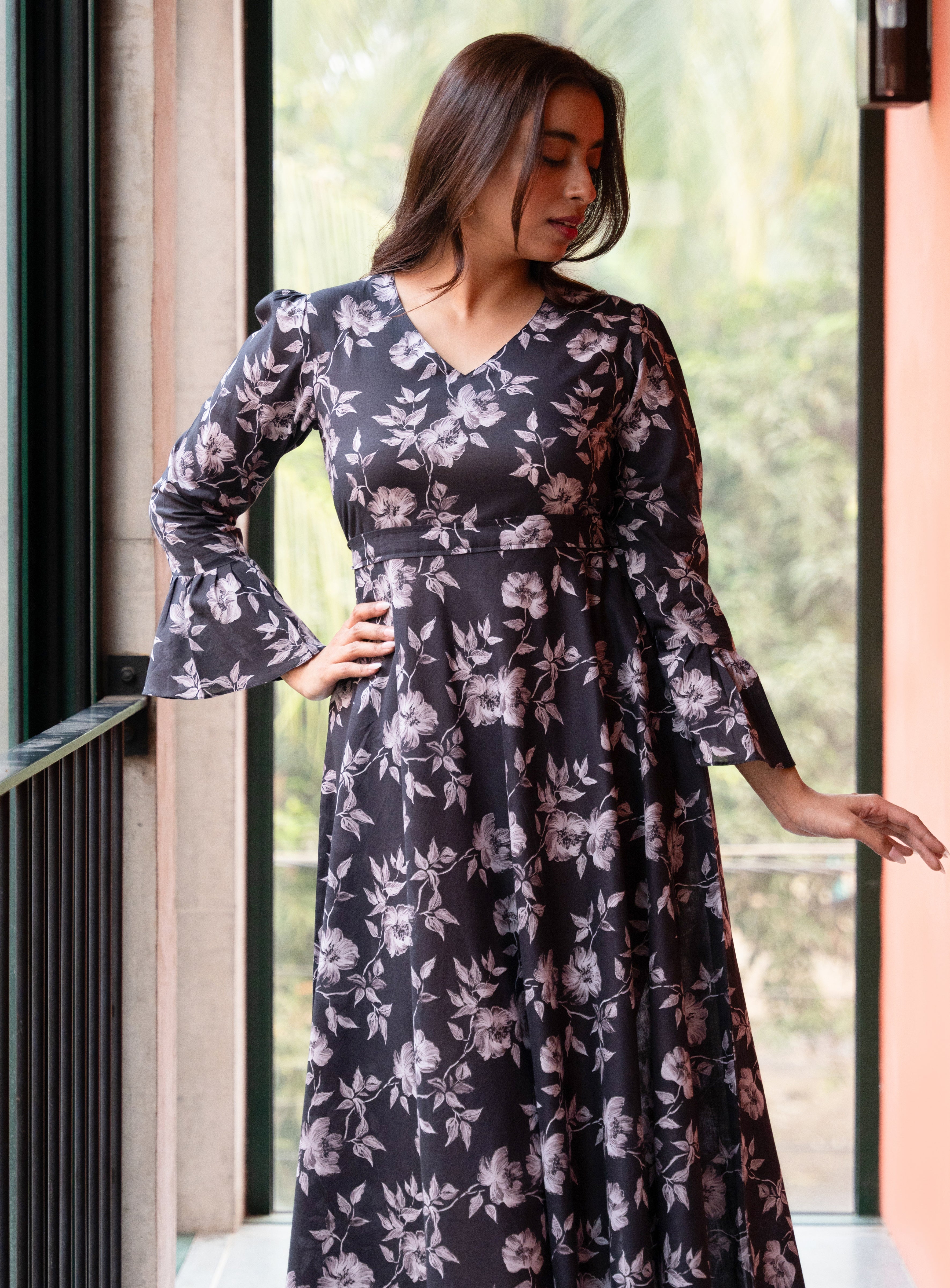 Women's Slate Black Floral Printed Pure Cotton Dress - GulaboSitabo