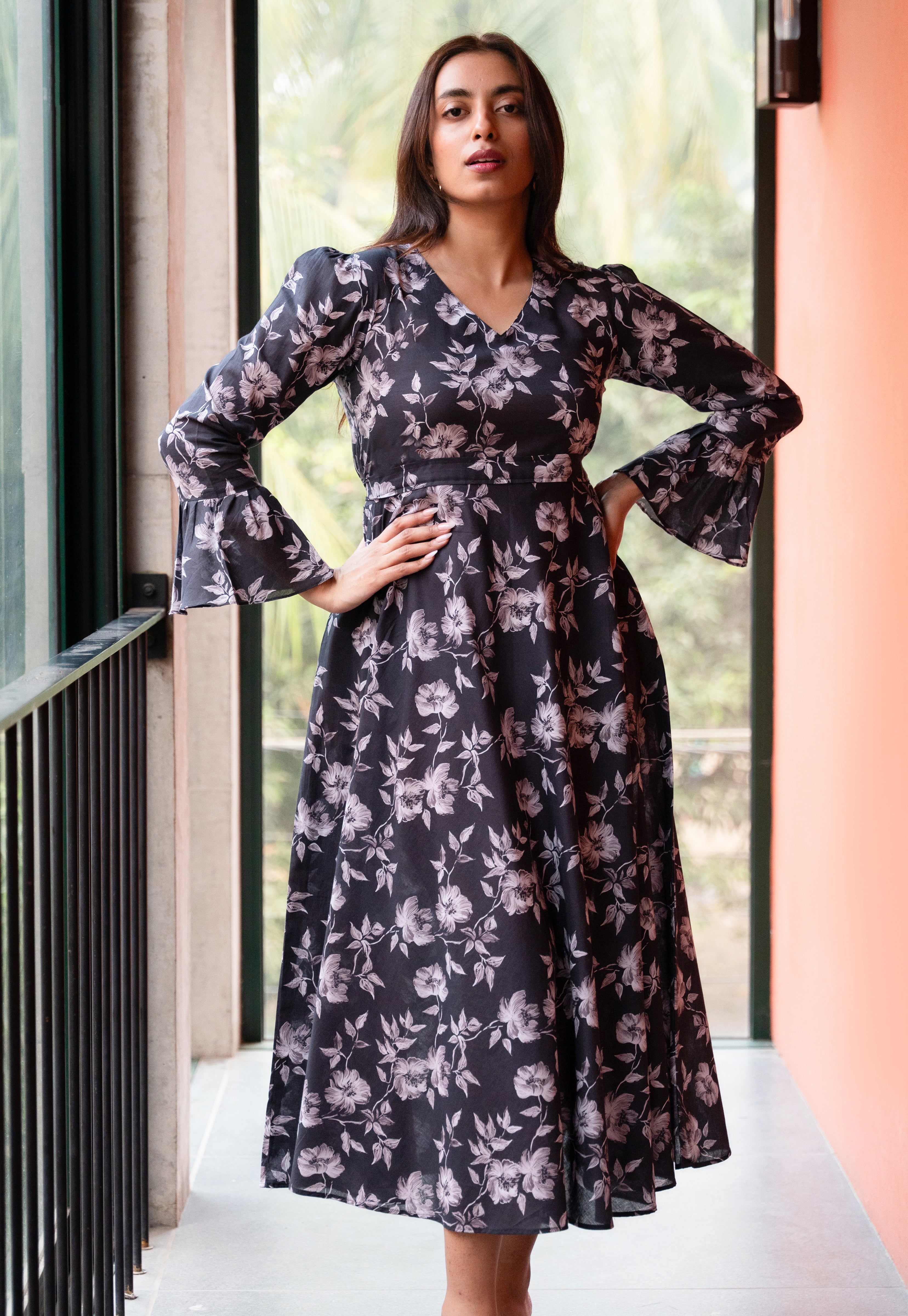 Women's Slate Black Floral Printed Pure Cotton Dress - GulaboSitabo