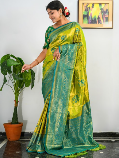 Women's Pure Kanjeevaram Meenakari Woven Saree Mustard Green - TASARIKA