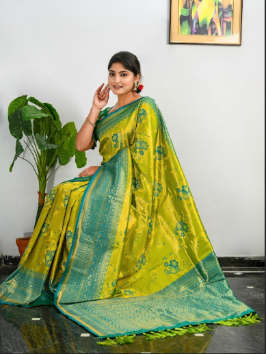 Women's Pure Kanjeevaram Meenakari Woven Saree Mustard Green - TASARIKA