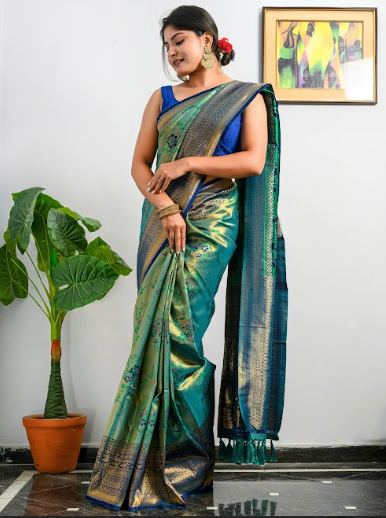 Women's Pure Kanjeevaram Meenakari Woven Saree Mustard Rama Green - TASARIKA