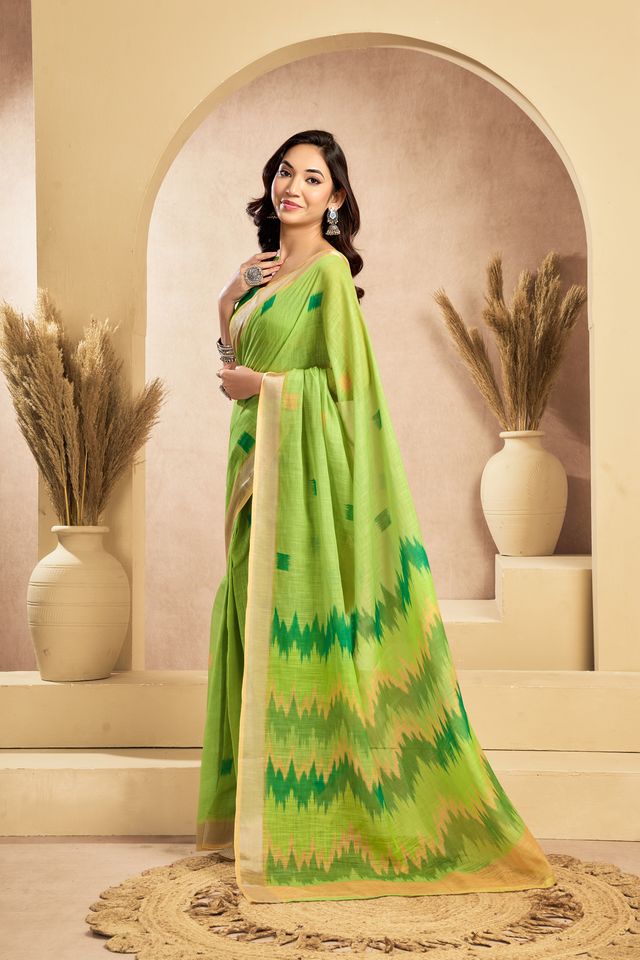 Women's Green Linen Printed Saree