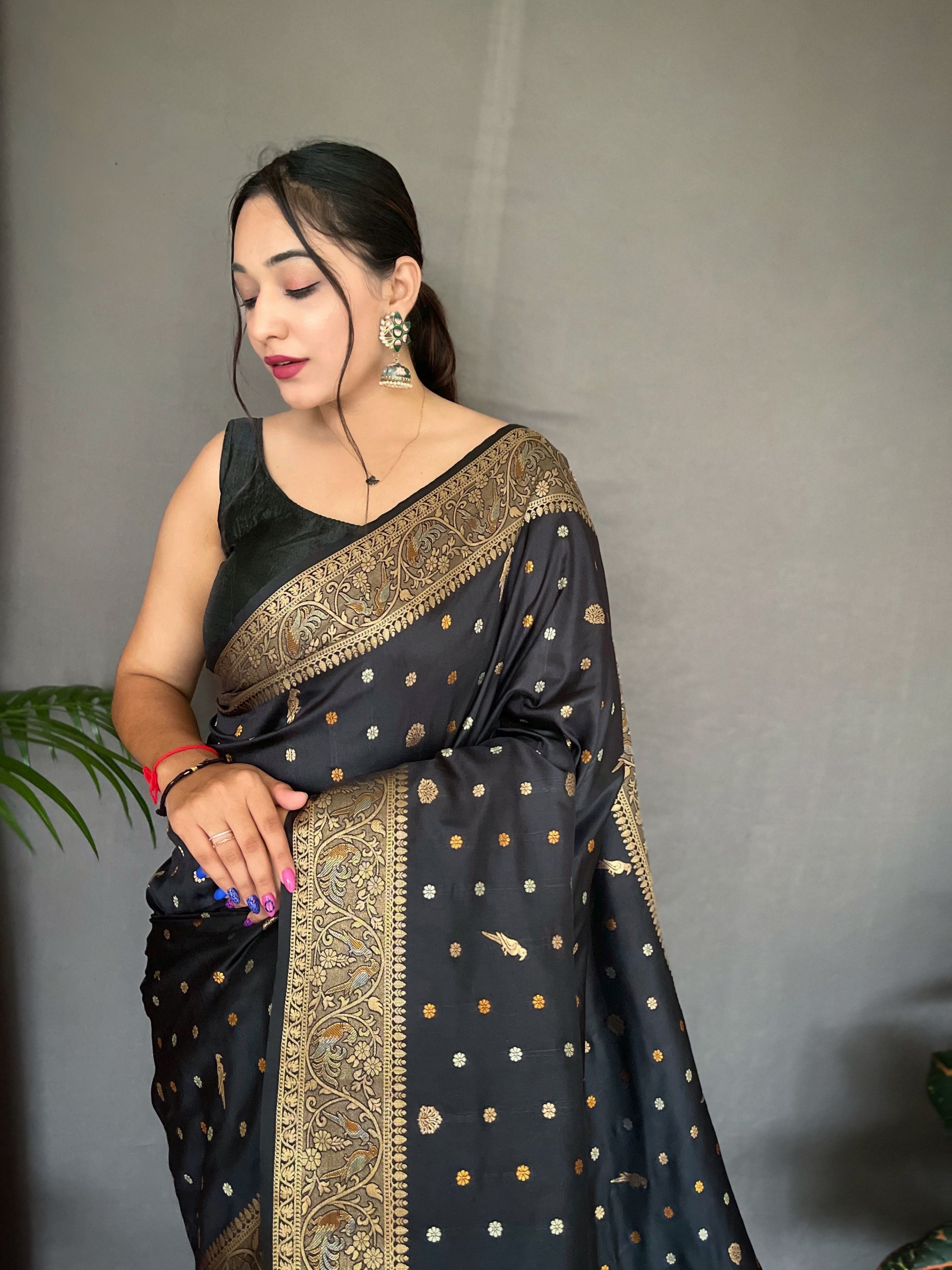 Women's Banarasi Silk Multi Color Zari Woven Saree Black - TASARIKA