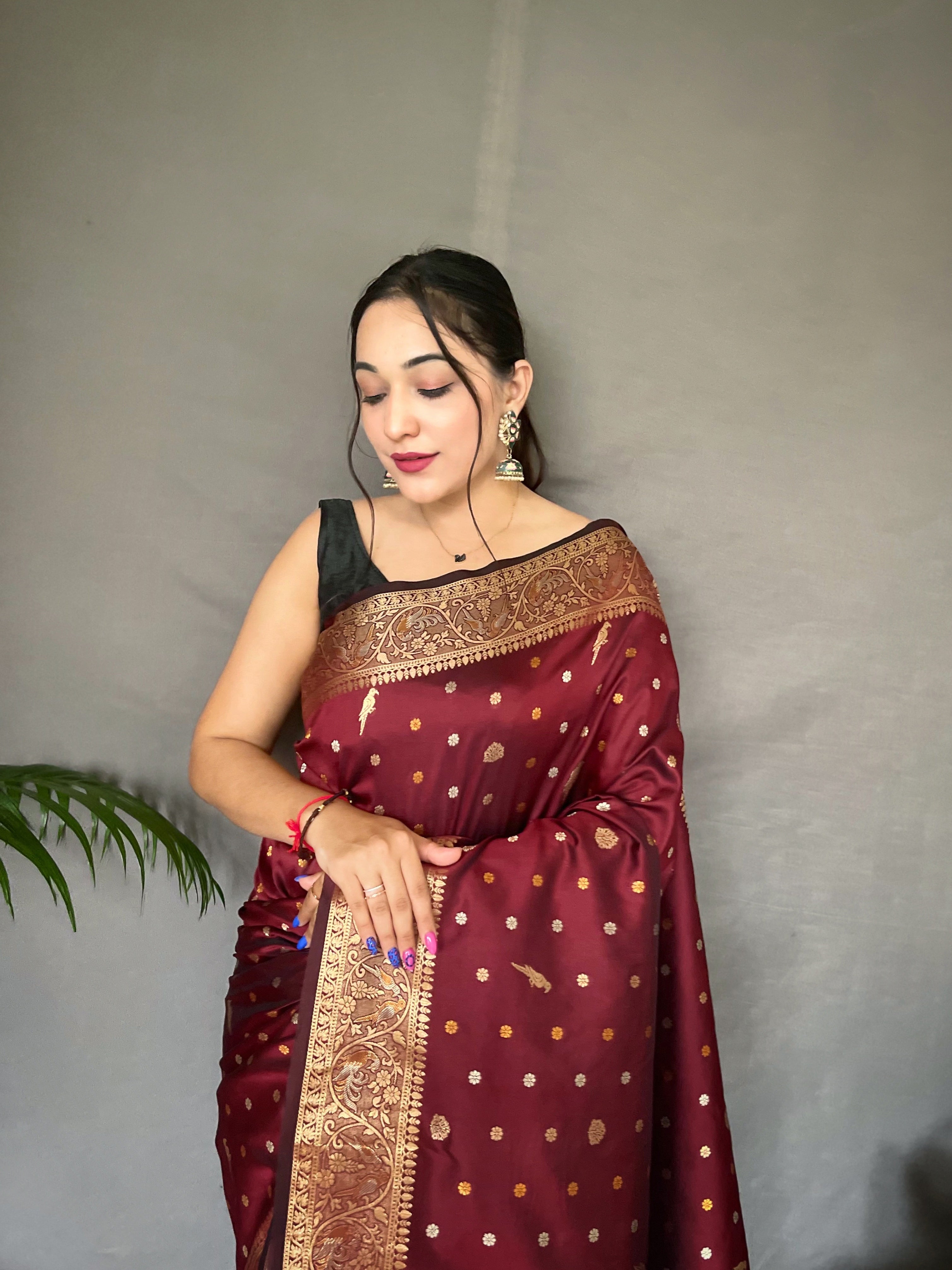 Women's Banarasi Silk Multi Color Zari Woven Saree Brown - TASARIKA