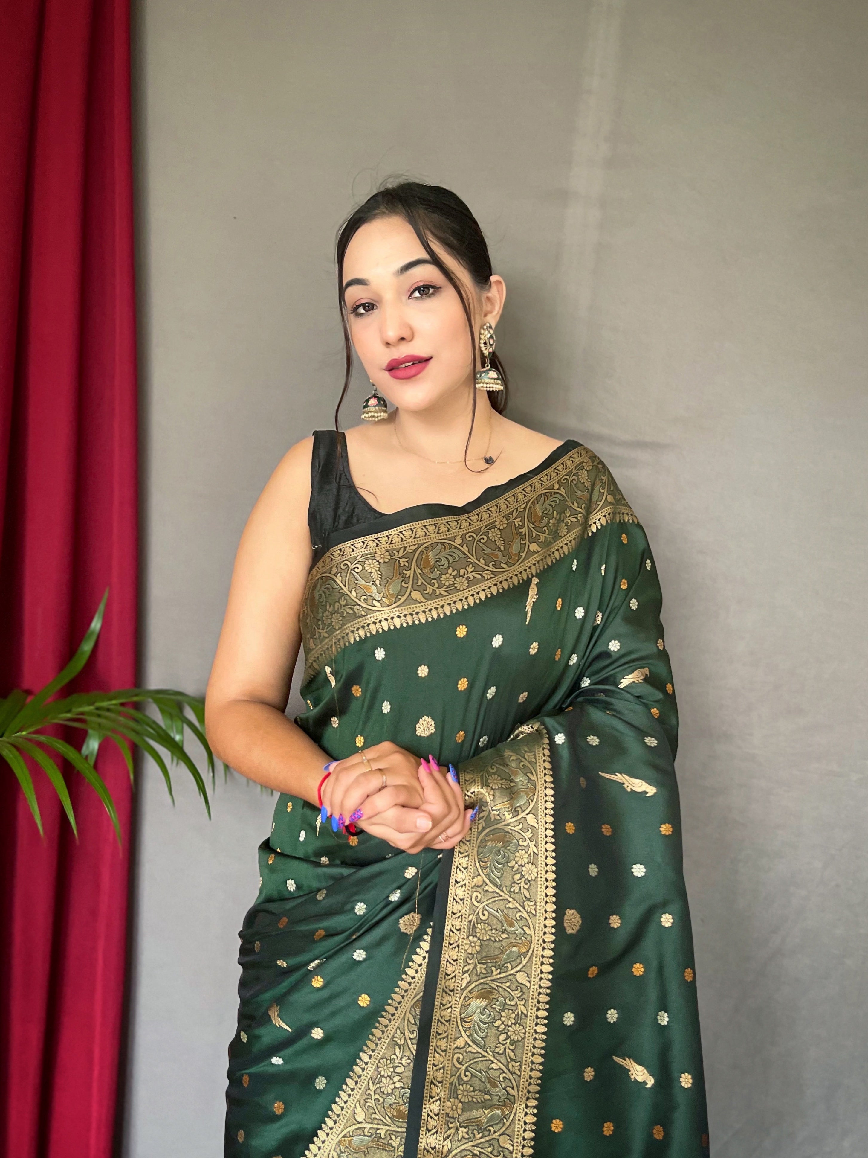 Women's Banarasi Silk Multi Color Zari Woven Saree Dark Green - TASARIKA