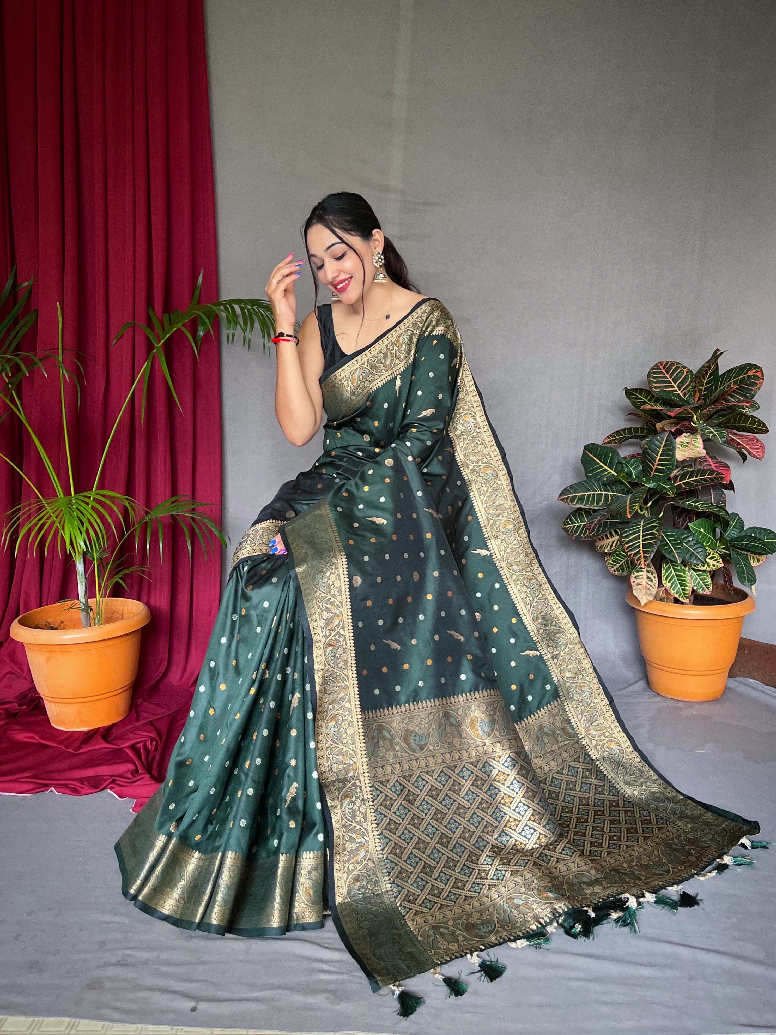 Women's Banarasi Silk Multi Color Zari Woven Saree Dark Green - TASARIKA