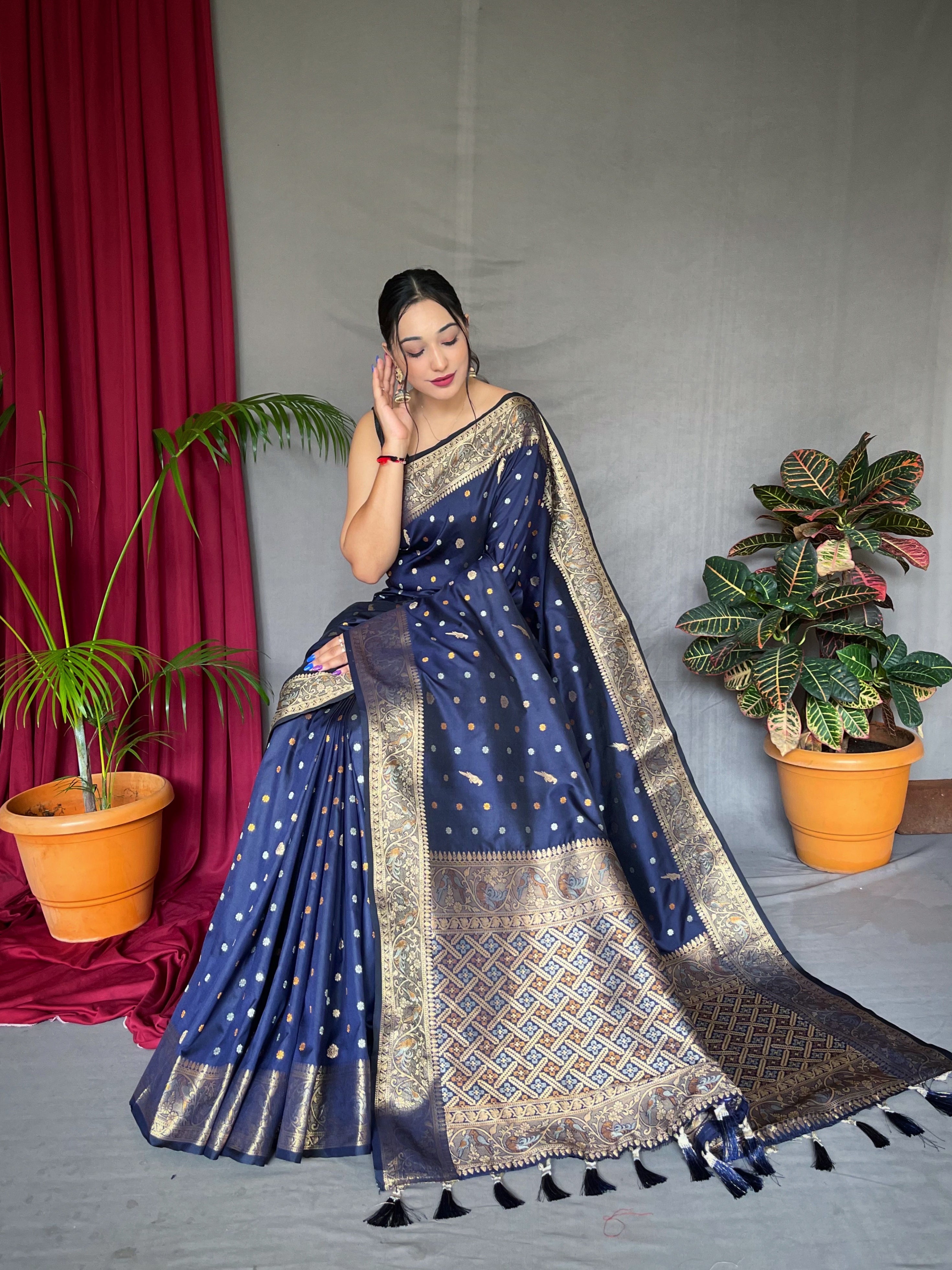 Women's Banarasi Silk Multi Color Zari Woven Saree Navy - TASARIKA