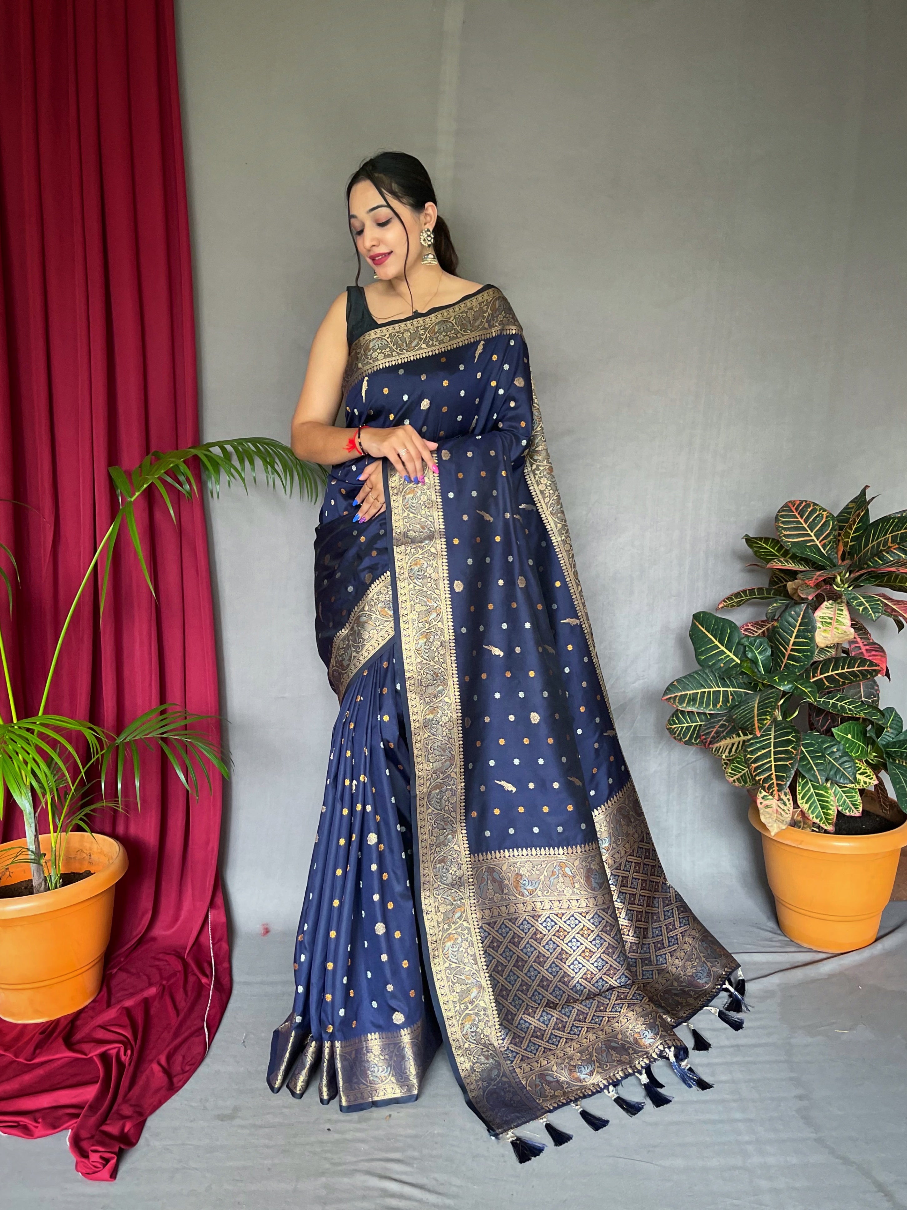 Women's Banarasi Silk Multi Color Zari Woven Saree Navy - TASARIKA