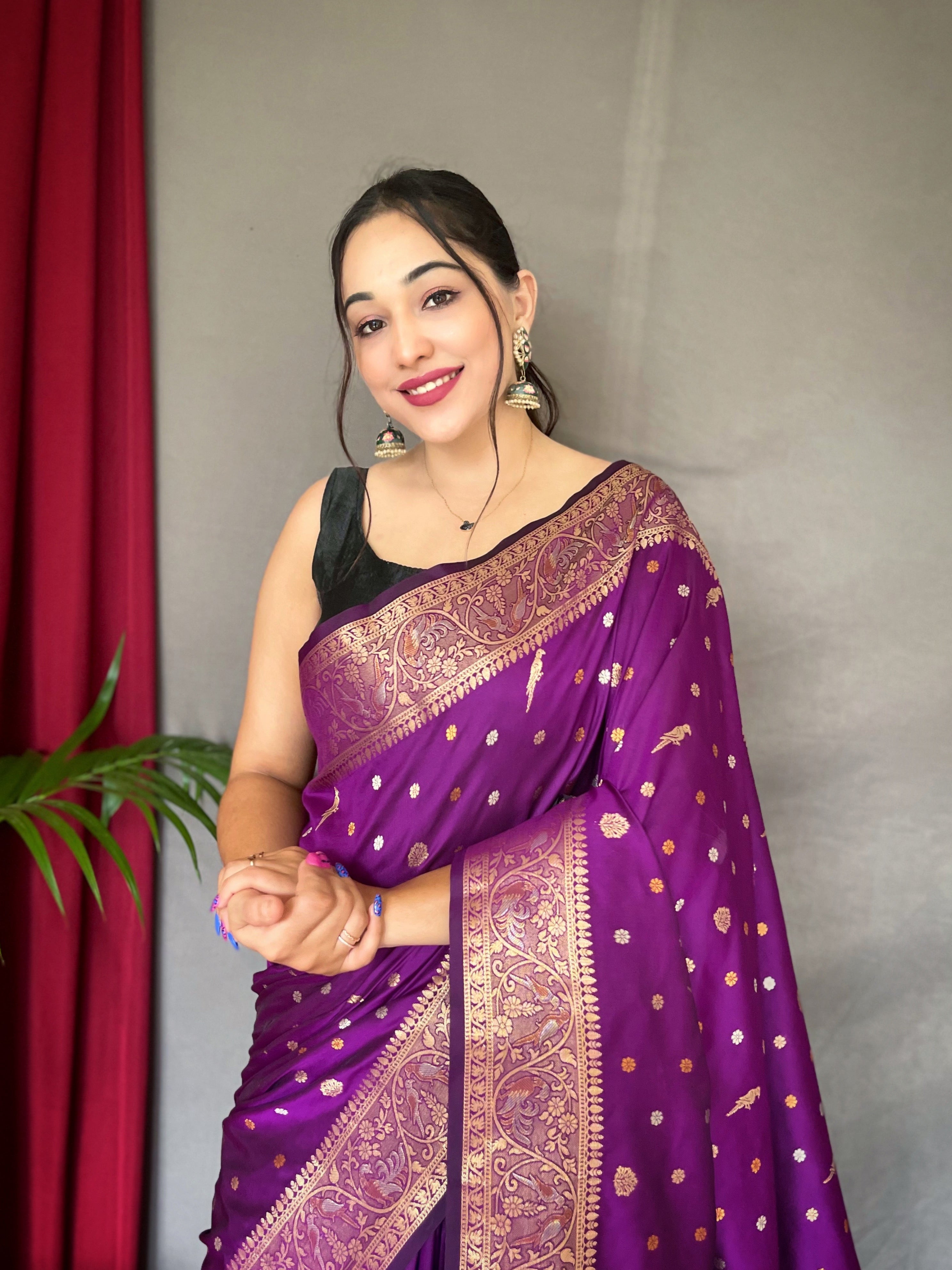 Women's Banarasi Silk Multi Color Zari Woven Saree Purple - TASARIKA