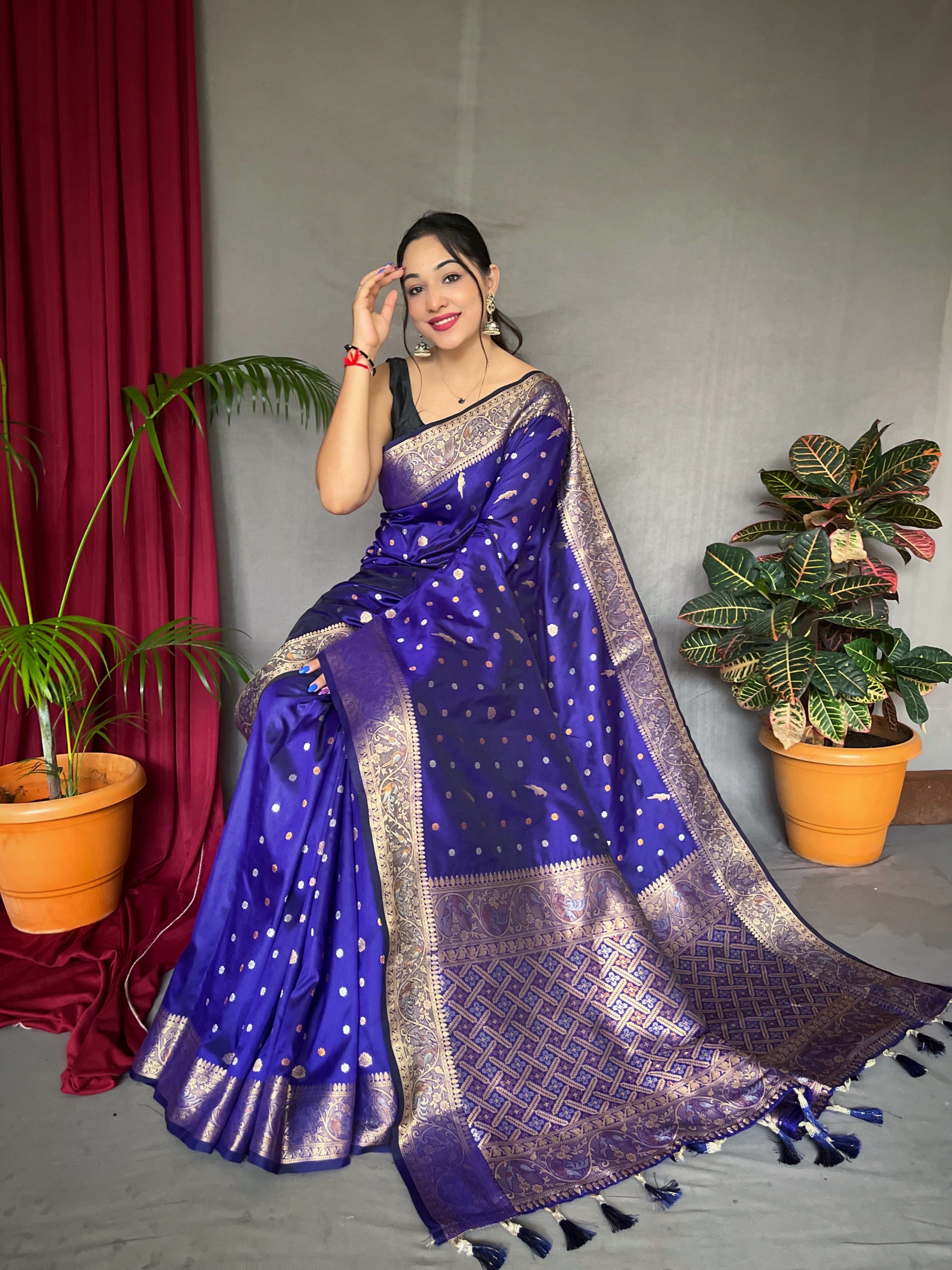 Women's Banarasi Silk Multi Color Zari Woven Saree Violet Blue - TASARIKA