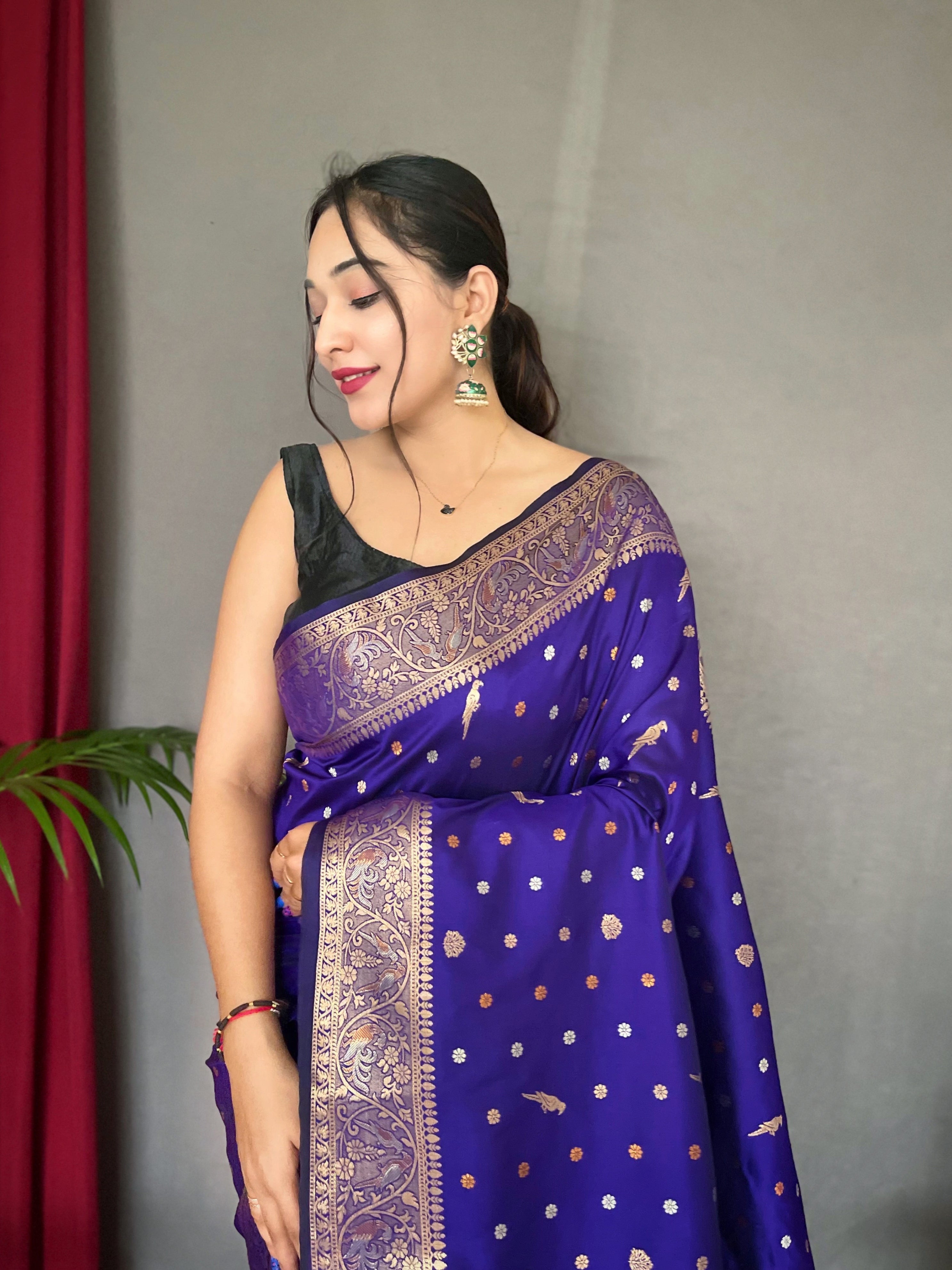 Women's Banarasi Silk Multi Color Zari Woven Saree Violet Blue - TASARIKA