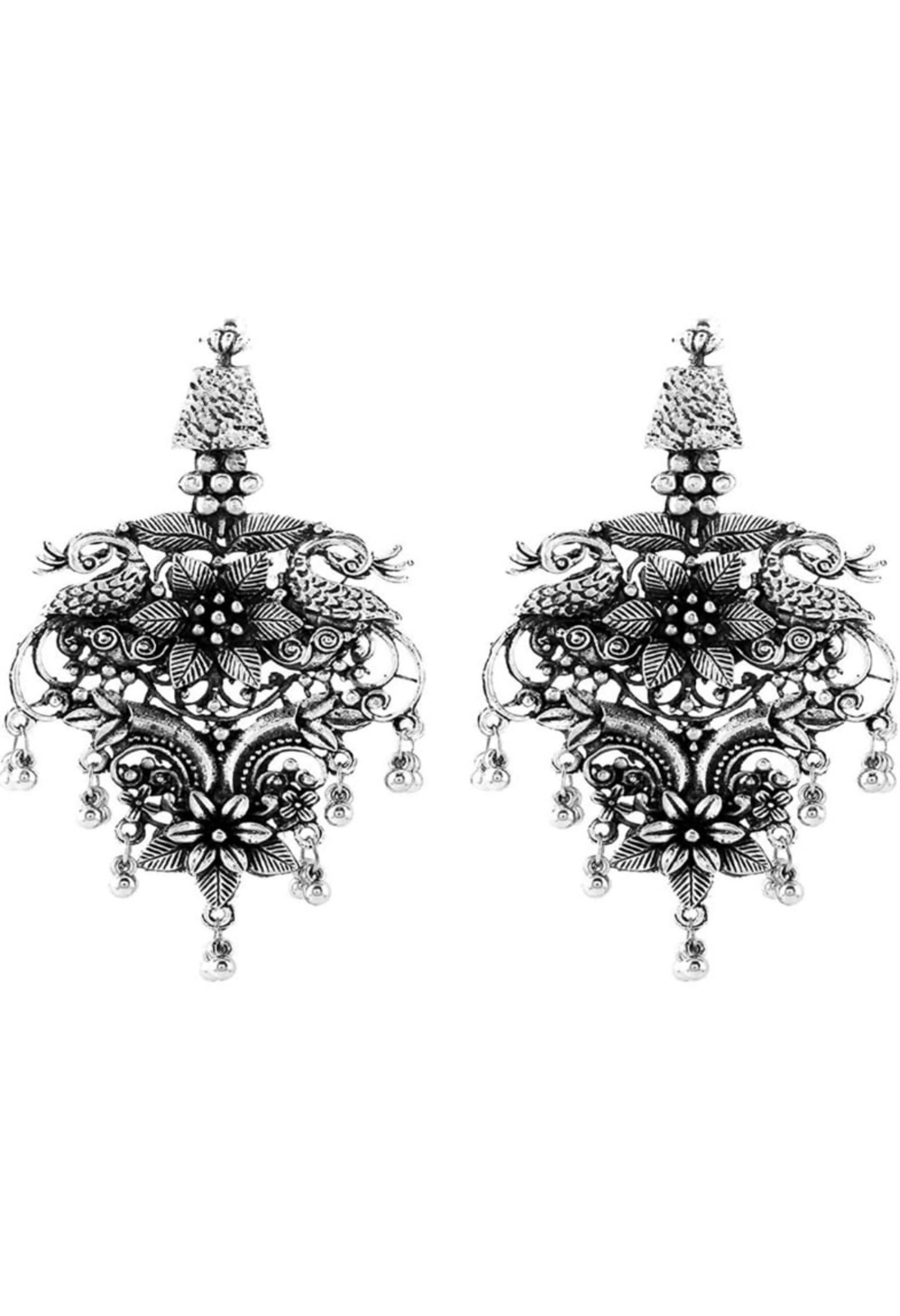 Johar Kamal Oxidised Peacock Design Earrings Jh