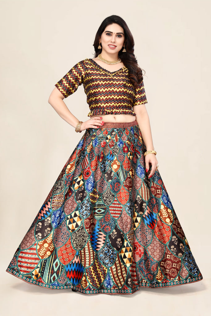Women's Ethnic Motifs Digital Print Shiney Satin Croptop Lehenga Choli With Unstitched Blouse