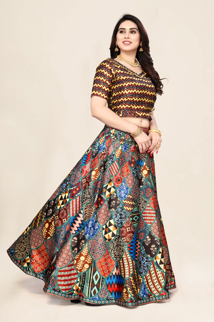 Women's Ethnic Motifs Digital Print Shiney Satin Croptop Lehenga Choli With Unstitched Blouse