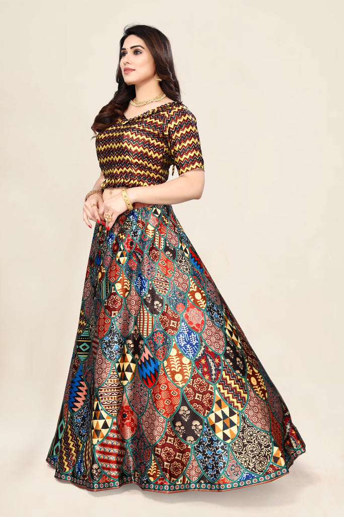 Women's Ethnic Motifs Digital Print Shiney Satin Croptop Lehenga Choli With Unstitched Blouse