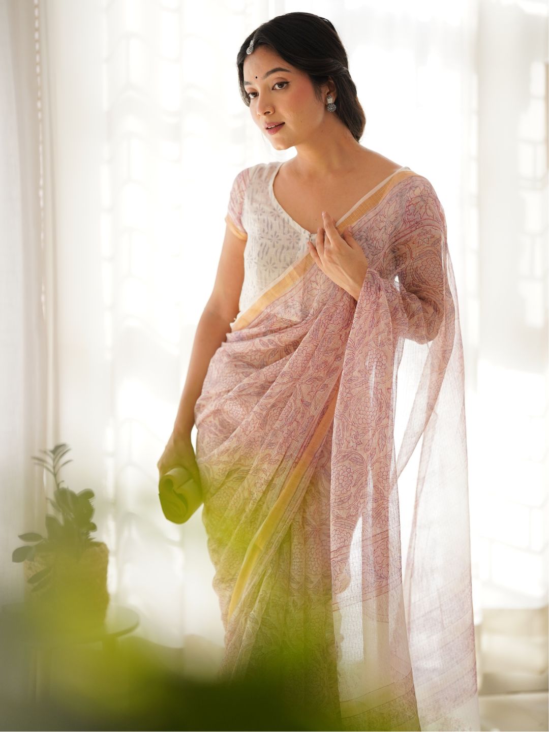 Women's Pink Hand Block Cotton Kota Doria Saree - Taantav