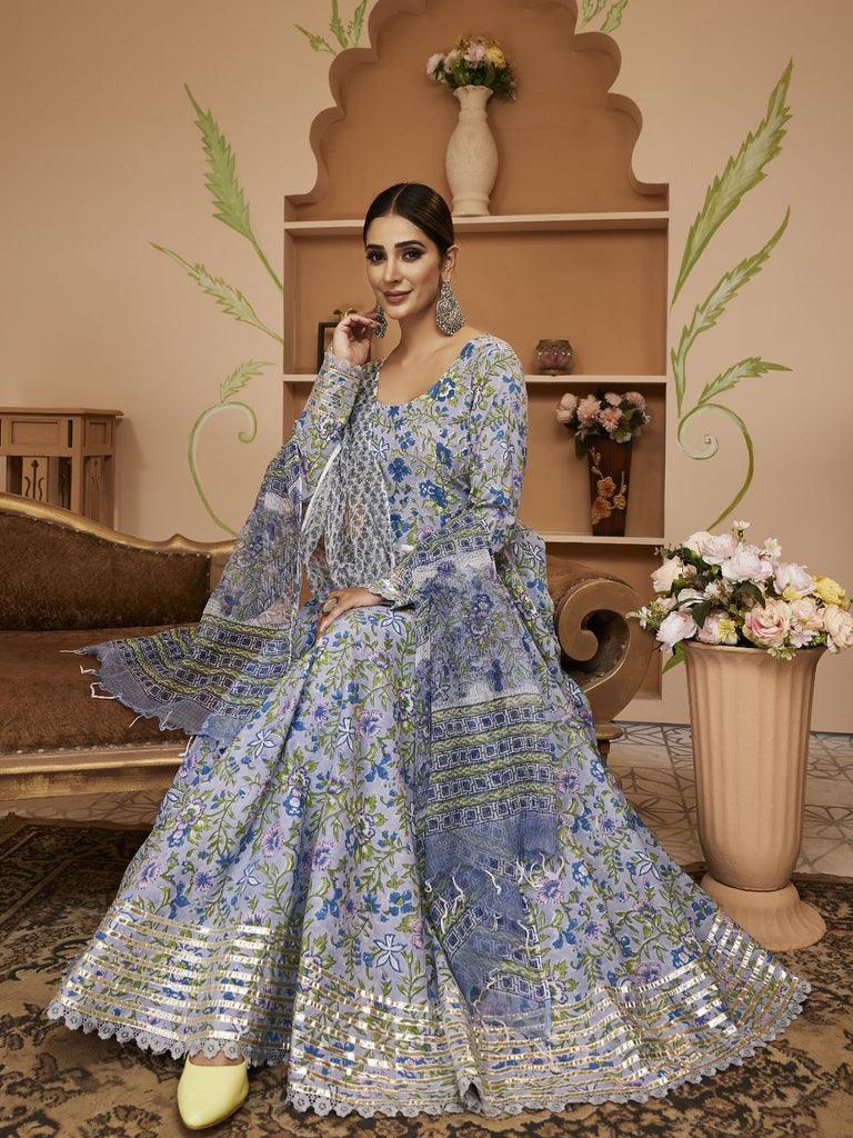 Women's Hand block Floral Printed Blue Anarkali Cotton Kurta With Trousers & Dupatta