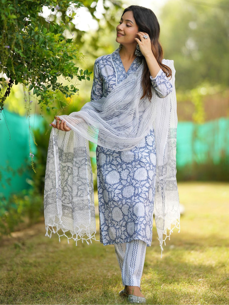 Women's Sky blue Hand Block Printed Straight kurta Pant Set with Dupatta