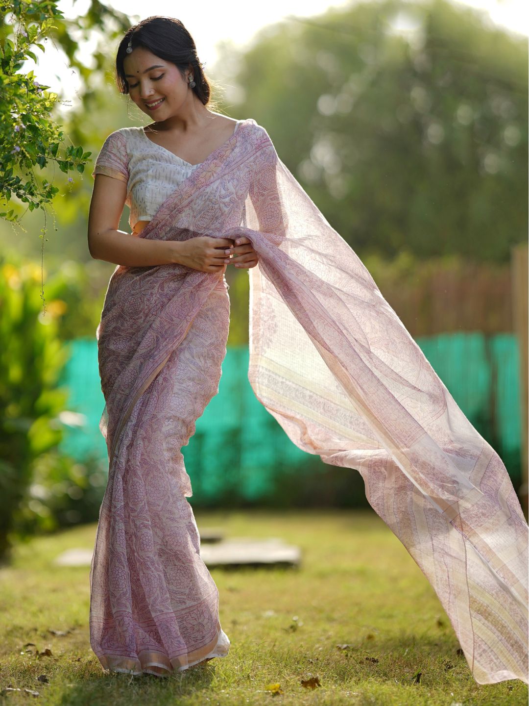 Women's Pink Hand Block Cotton Kota Doria Saree - Taantav