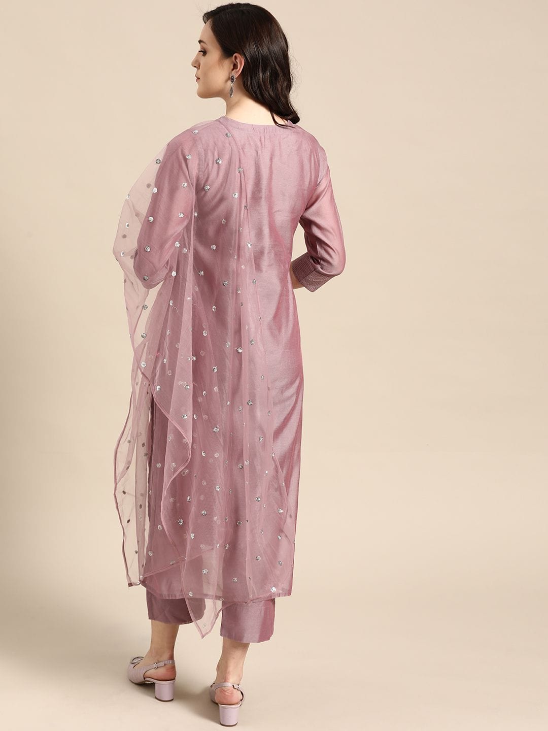 Women's Mauve Zari Yoke Design Chanderi Silk Kurta With Trousers & Dupatta - Varanga USA