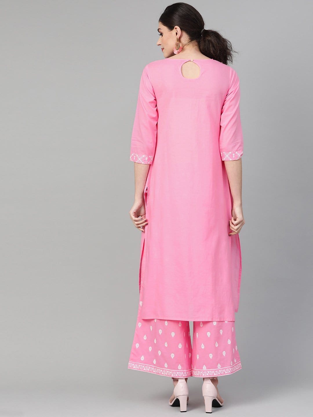 Women's Light Pink Khari Printed Straight Kurta  With Overall Printed Straight Palazzo - Final Clearance Sale