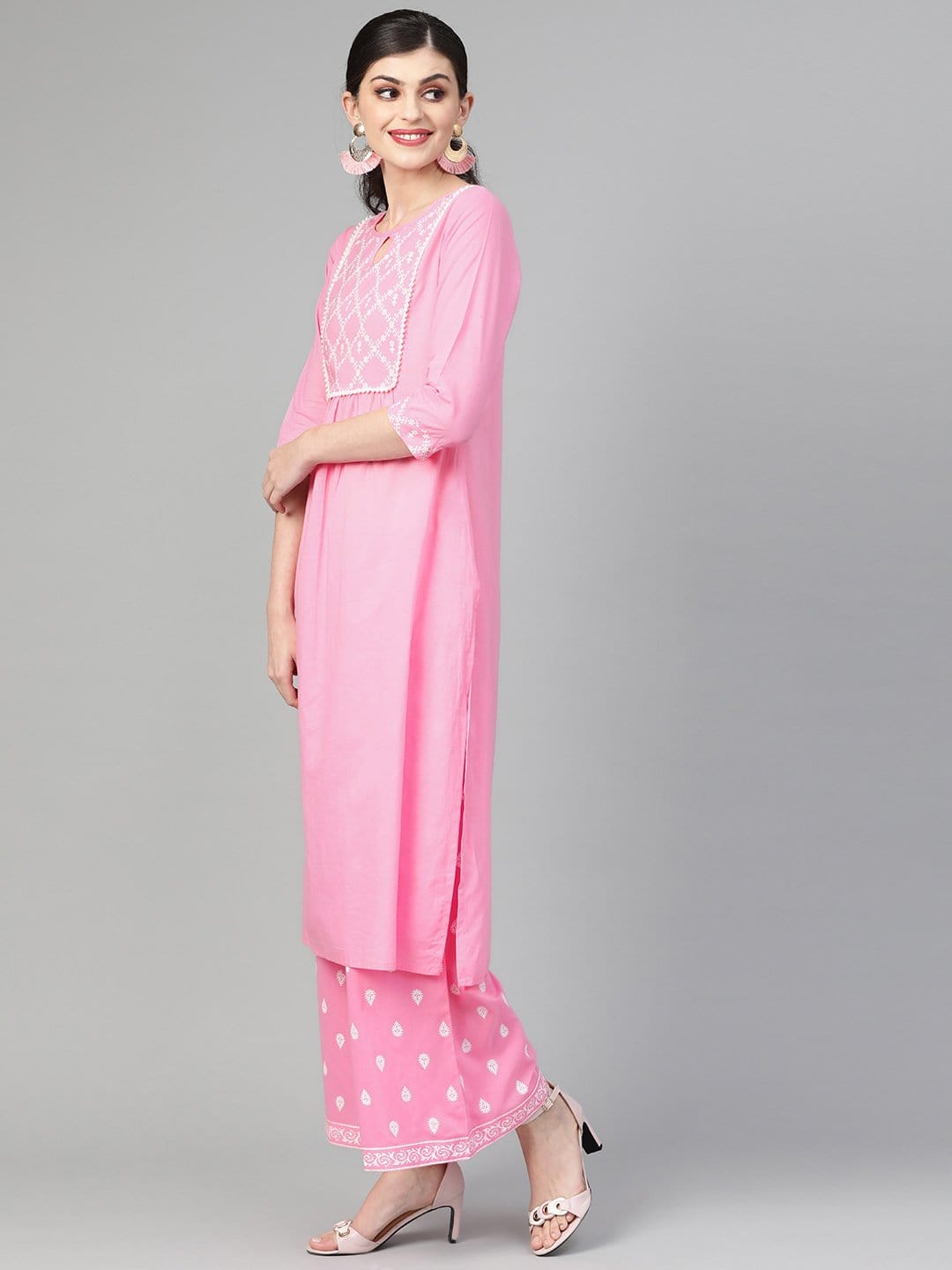 Women's Light Pink Khari Printed Straight Kurta  With Overall Printed Straight Palazzo - Final Clearance Sale