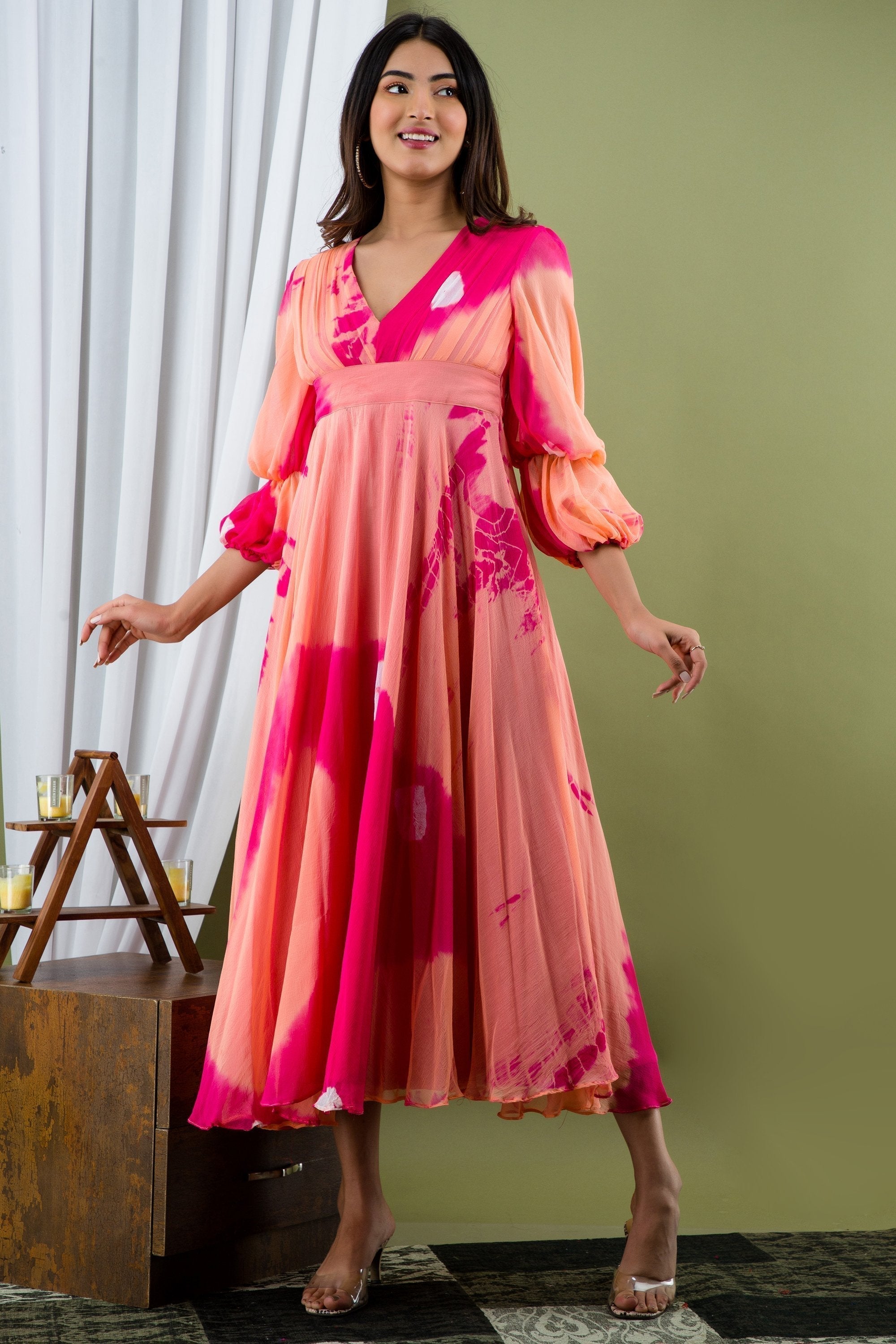 Women's Peach And Pink Tie Dye A-Line Fit And Flare Maxi Dress - Saras The Label Usa