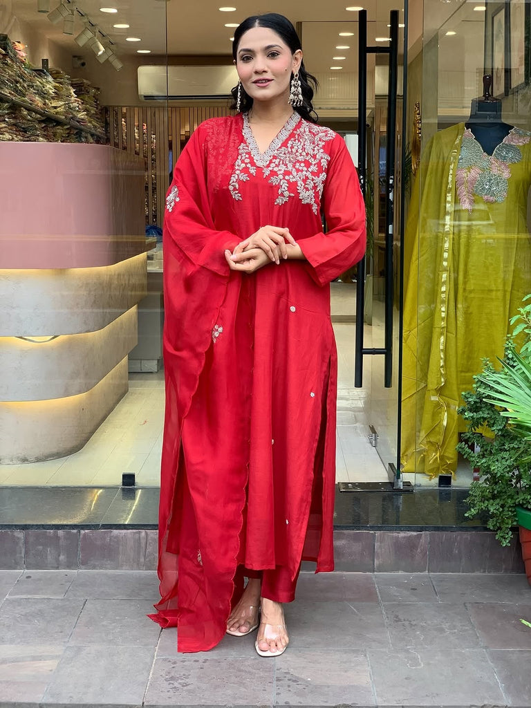 Women's Red Embroidered Kurta With Pant And Duppata Set