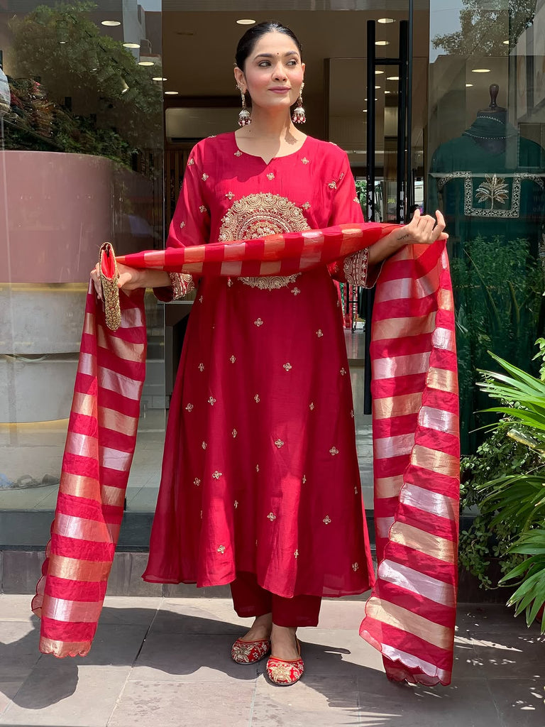 Women's Red Embroidered Kurta With Pant And Duppata Set