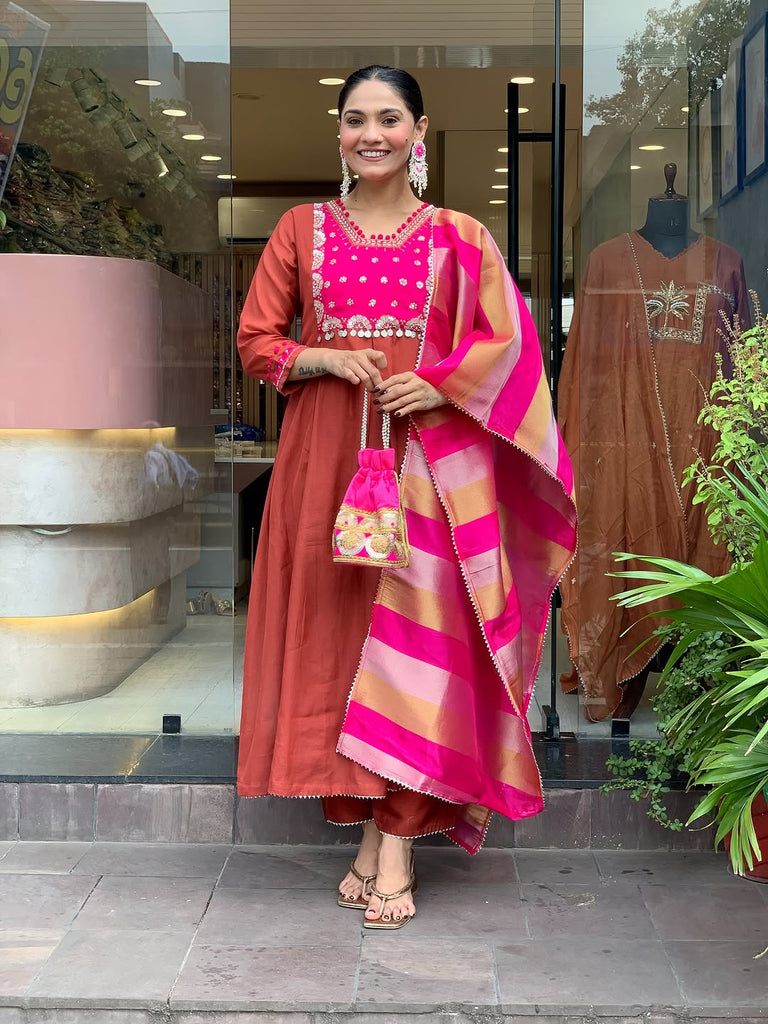 Women's Rust Embroidered Kurta With Pant And Duppata Set