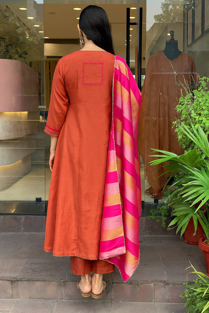 Women's Rust Embroidered Kurta With Pant And Duppata Set