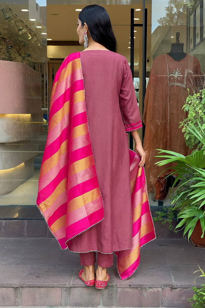 Women's Pink Embroidered Kurta With Pant And Duppata Set